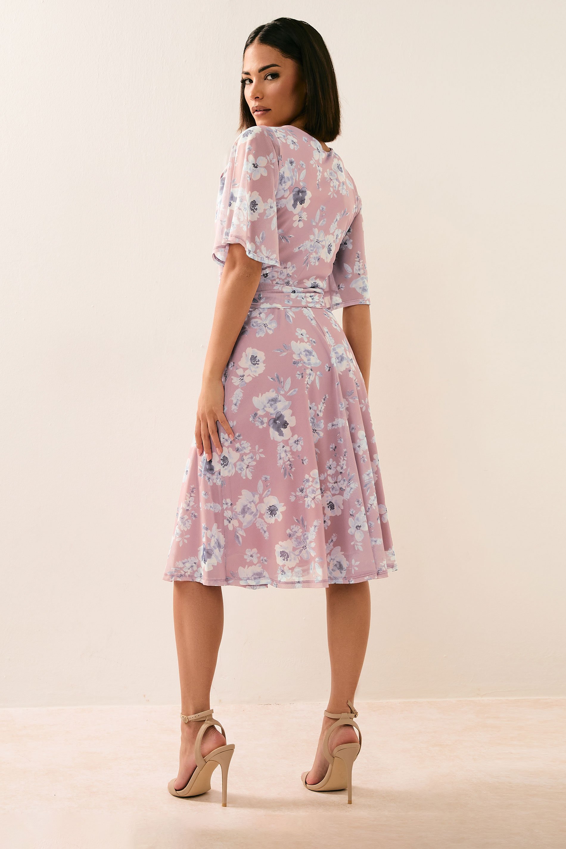 PixieGirl Petite Women's Blush Pink Mesh Floral Wrap Midi Dress | PixieGirl 3