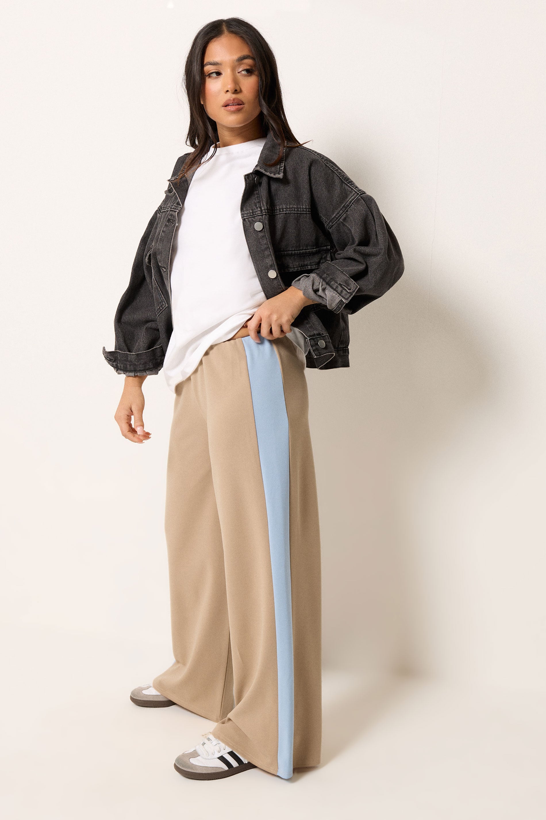 PixieGirl Petite Women's Natural Brown Side Stripe Scuba Wide Leg Trousers | PixieGirl 3
