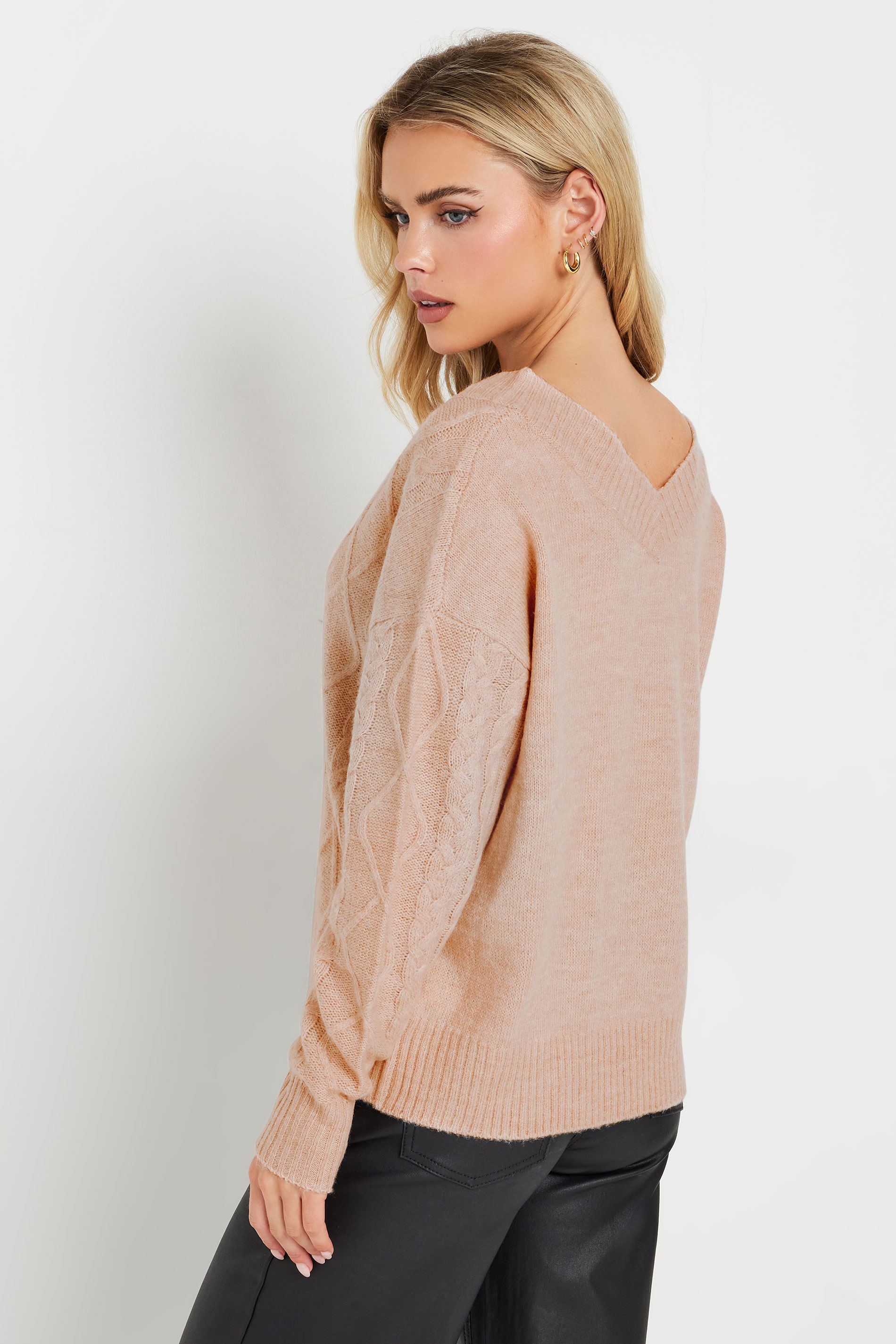 PixieGirl Petite Women's Blush Pink Cable Knit V-Neck Jumper | PixieGirl 3