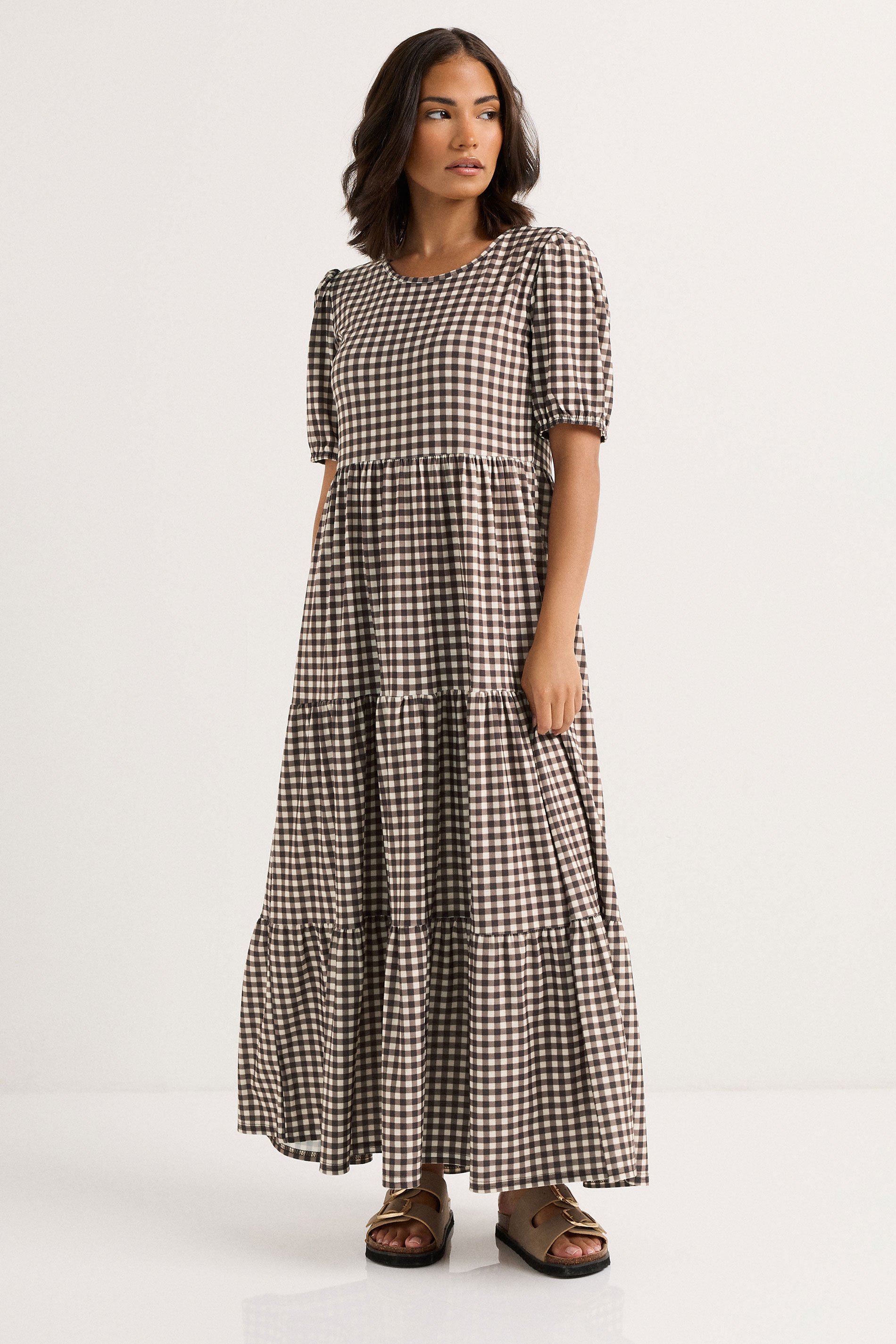 PixieGirl Petite Women's Brown Gingham Tiered Maxi Dress | PixieGirl 2