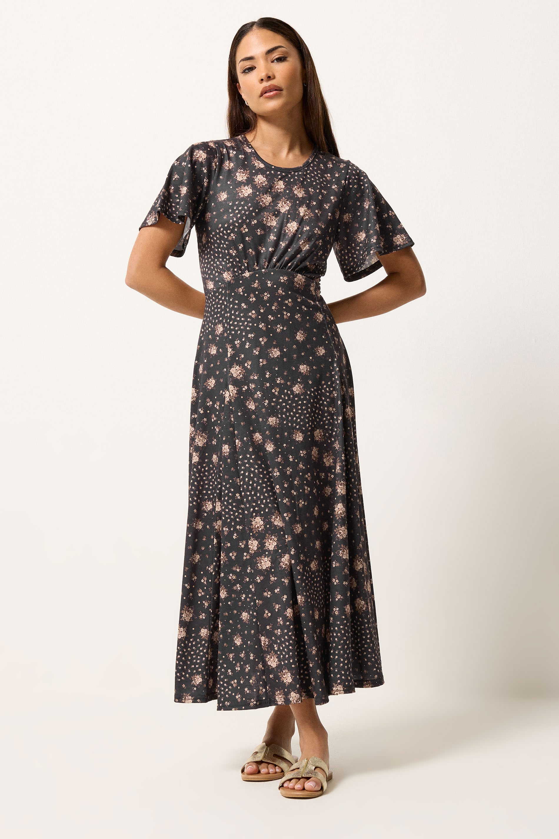 Pixiegirl Women's Brown Petite Floral Patchwork Midi Dress Size 16