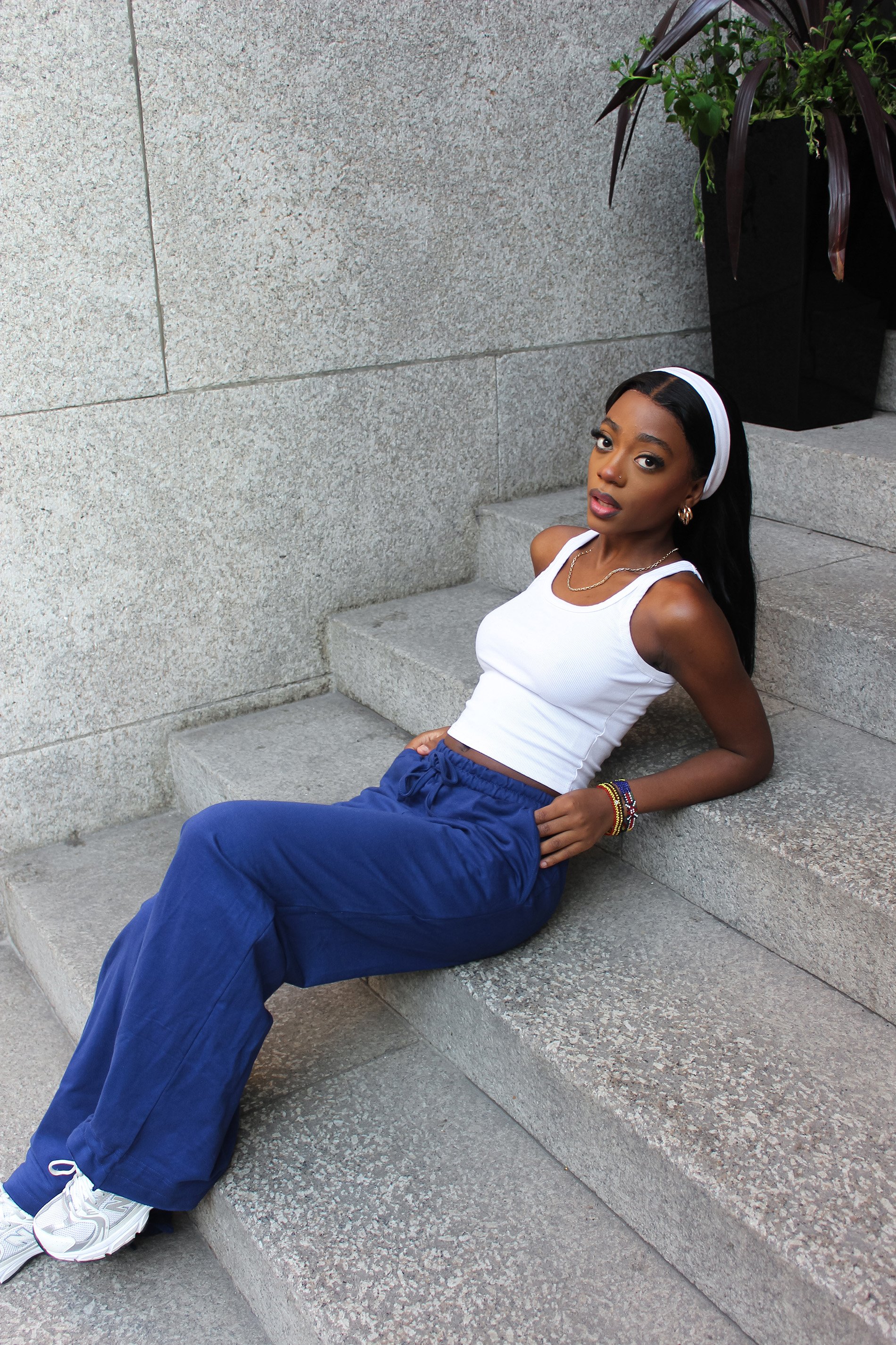 PixieGirl Petite Women's Navy Blue Wide Leg Hem Detail Jogger | PixieGirl 1