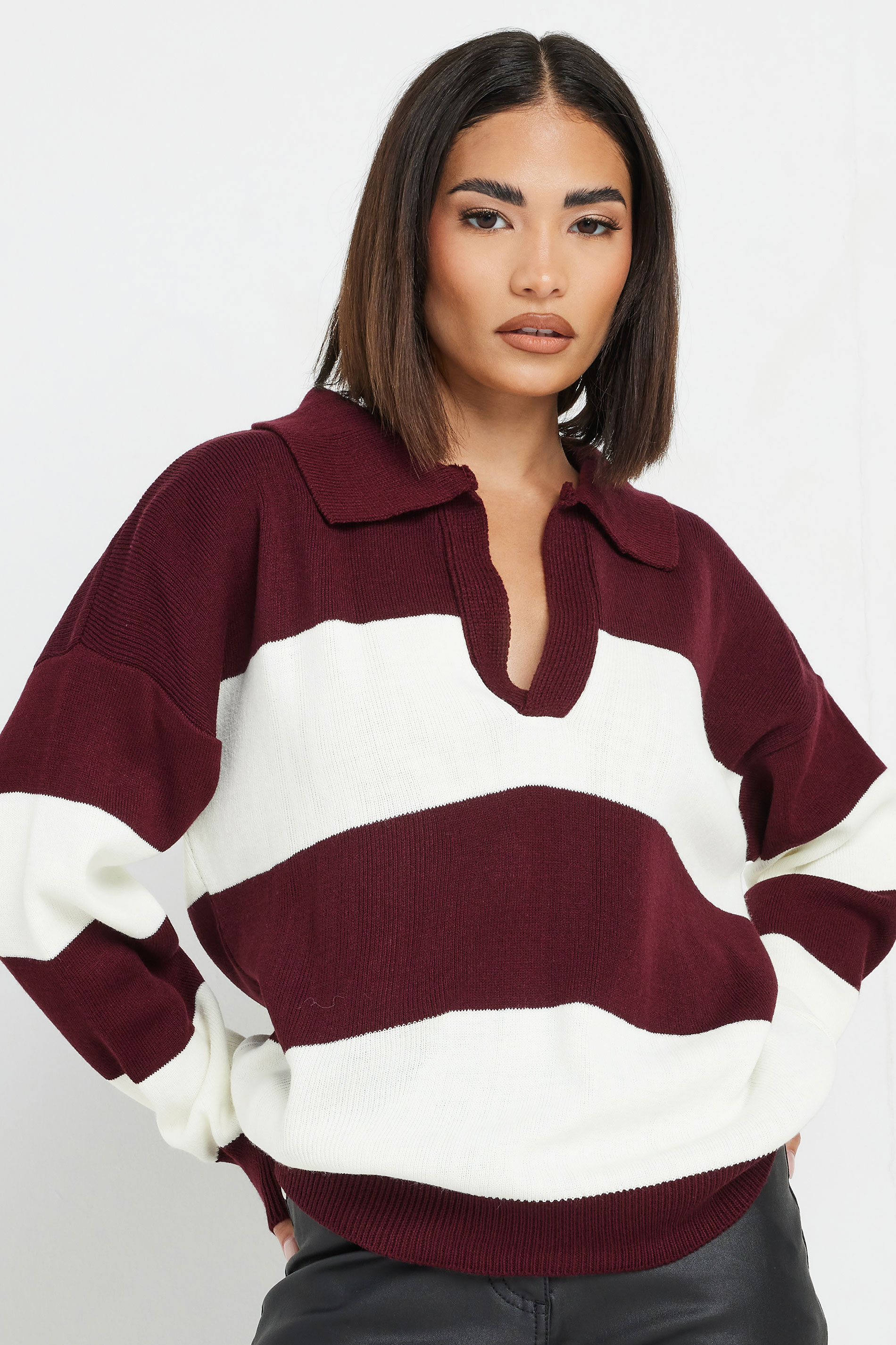 PixieGirl Petite Women's Burgundy Red Stripe Collared Knitted Jumper | PixieGirl 2
