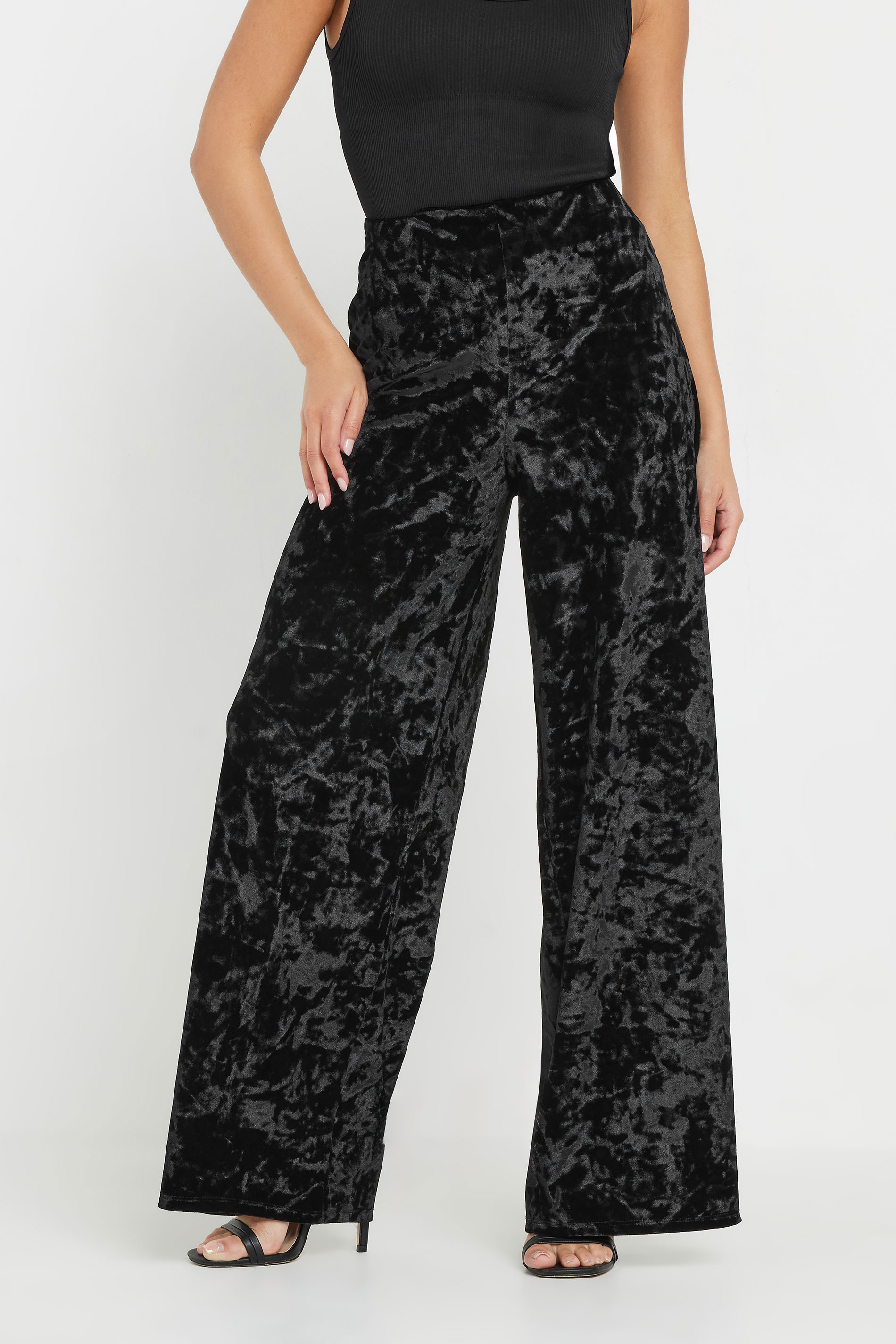 PixieGirl Petite Women's Black Crushed Velour Wide Leg Trousers | PixieGirl 2