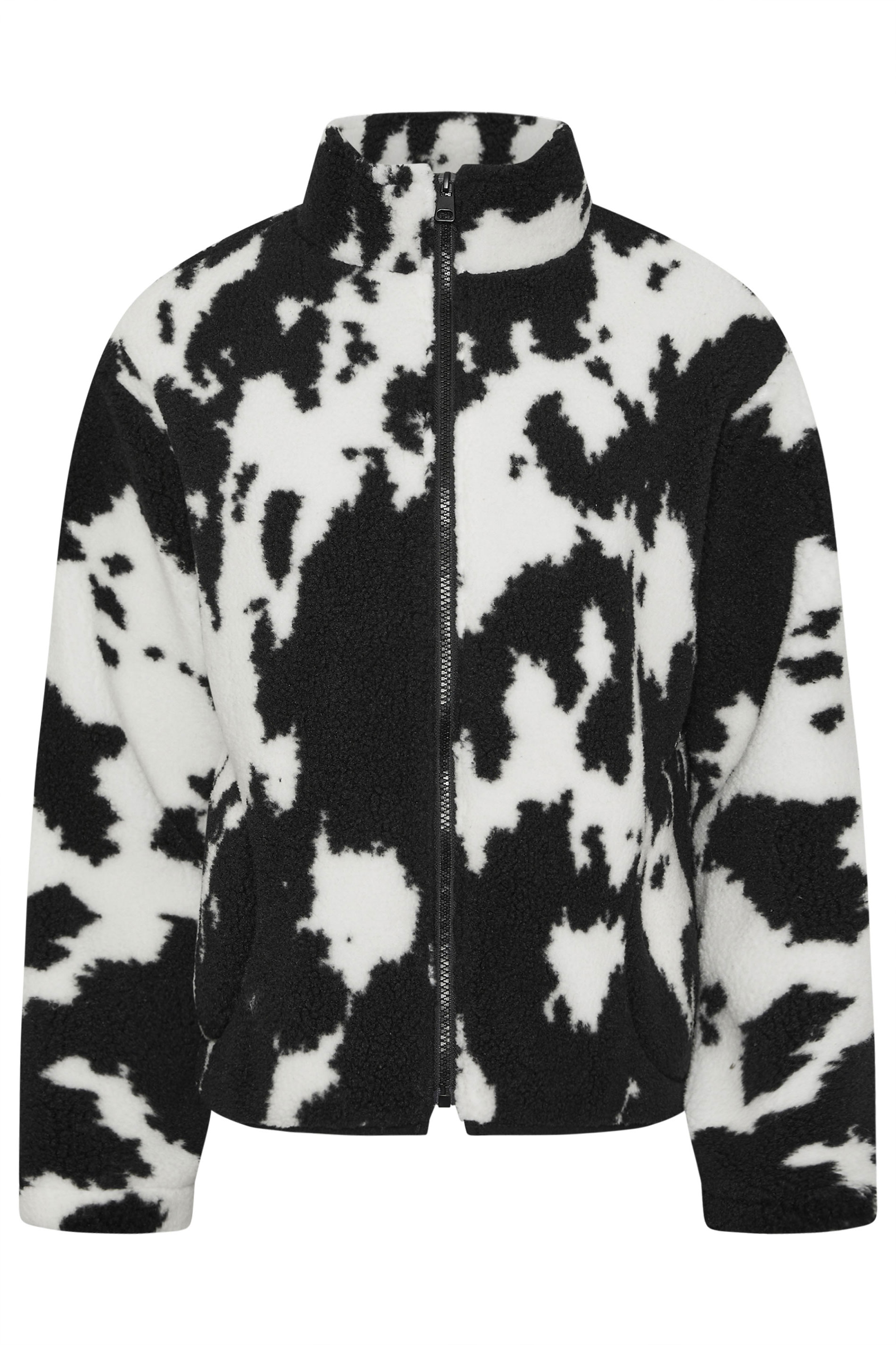 PixieGirl Petite Women's Black Cow Print Zip Fleece Jacket | PixieGirl 5