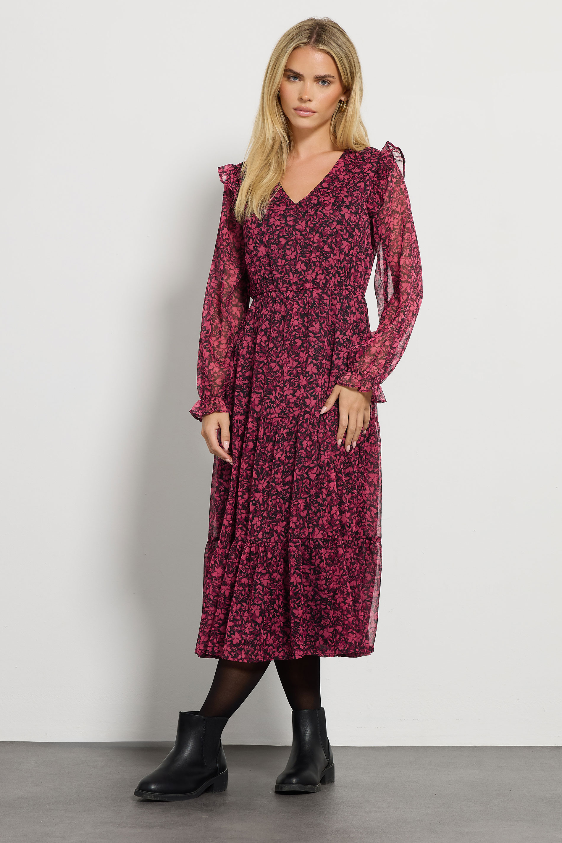 M&Co Petite Black & Berry Floral Chiffon Midi Dress | M&Co 2