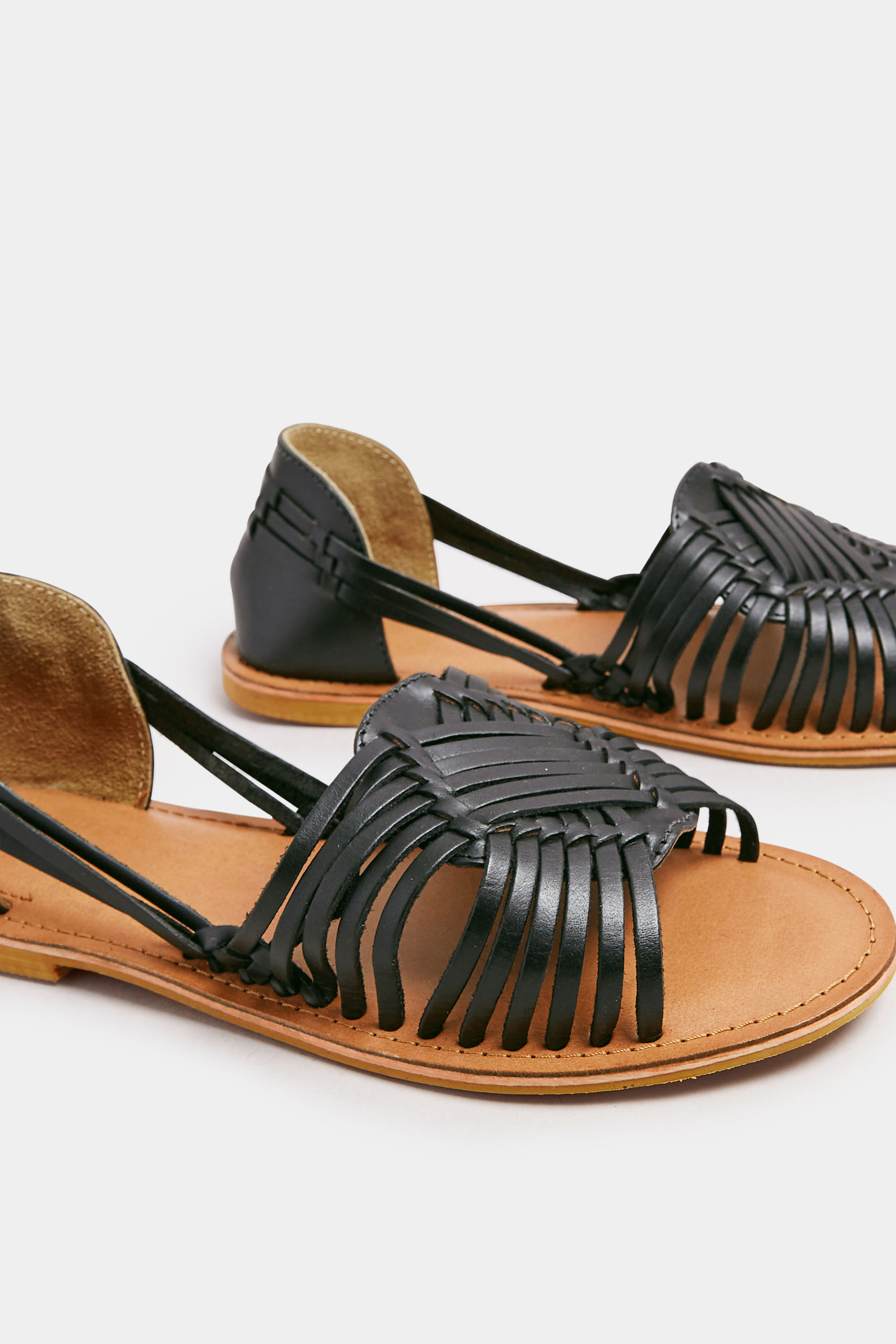 Black Leather Woven Flat Sandals In Wide E Fit & Extra Wide EEE Fit | Yours Clothing 6