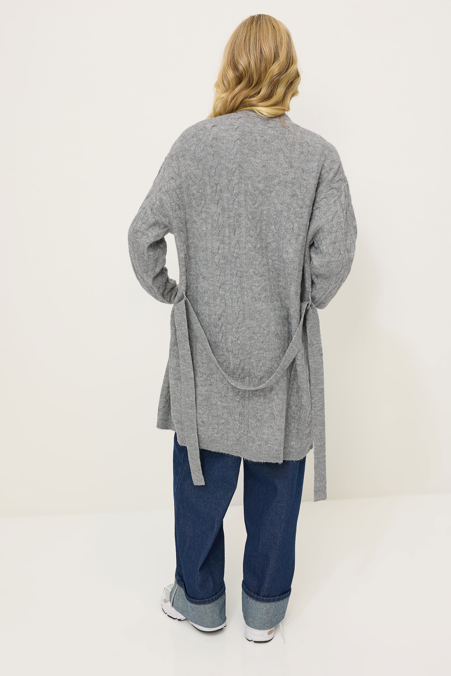 PixieGirl Petite Women's Grey Cable Knit Belted Midi Cardigan | PixieGirl 3