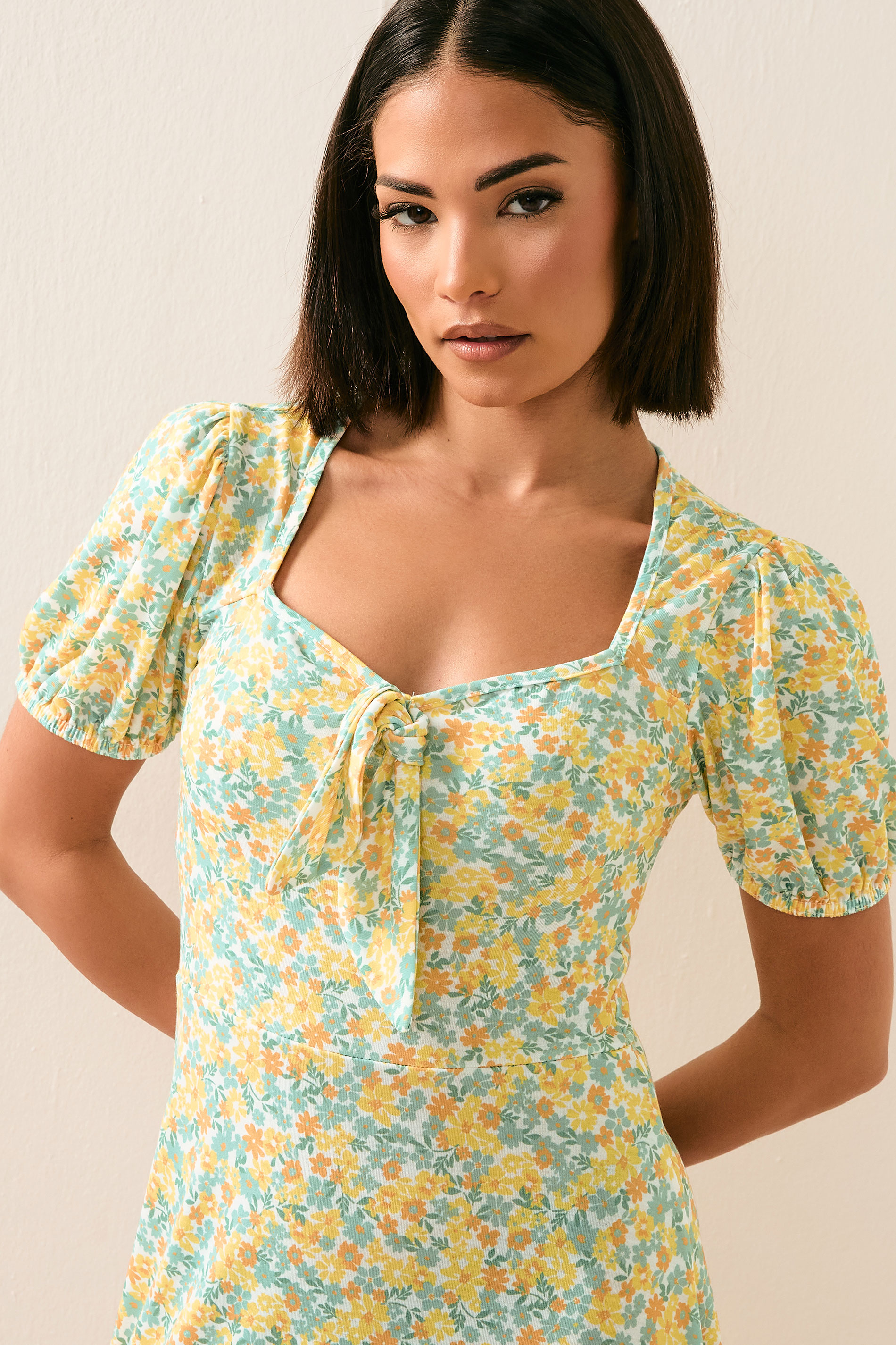 PixieGirl Petite Women's Yellow Ditsy Floral Tie Front Midi Dress | PixieGirl 4