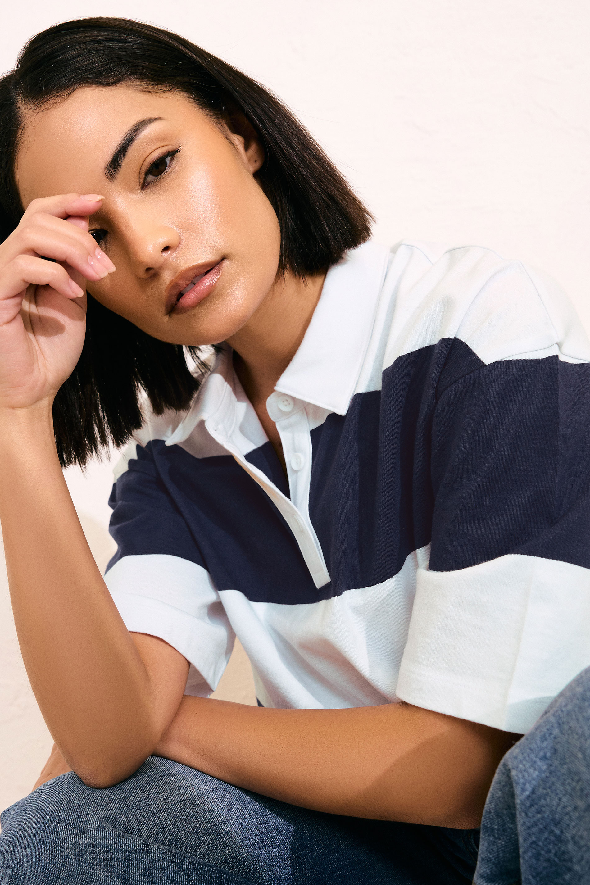 PixieGirl Petite Women's Navy Blue Cotton Striped Rugby Collar T-Shirt | PixieGirl 2