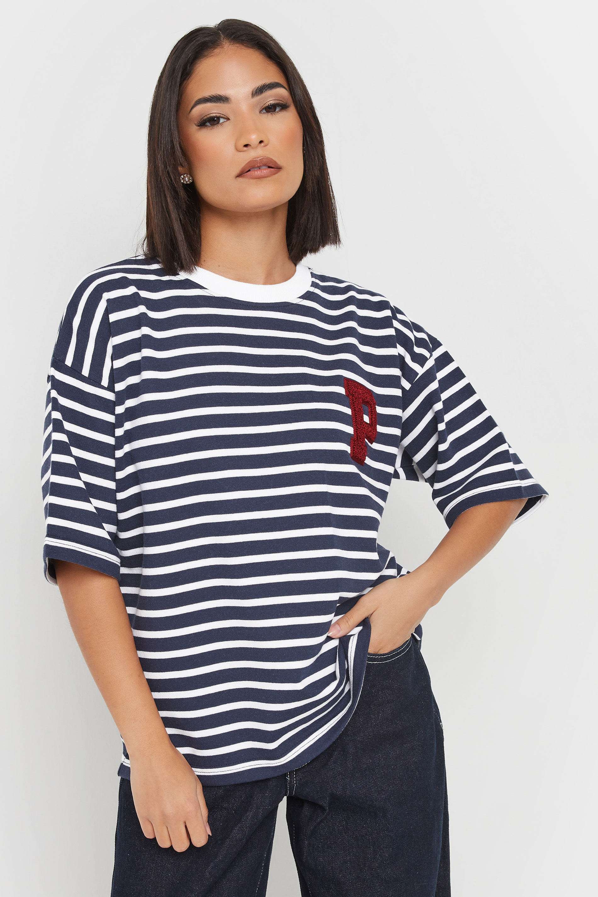 PixieGirl Petite Women's Navy Blue Stripe Applique Initial Sweatshirt | PixieGirl 1
