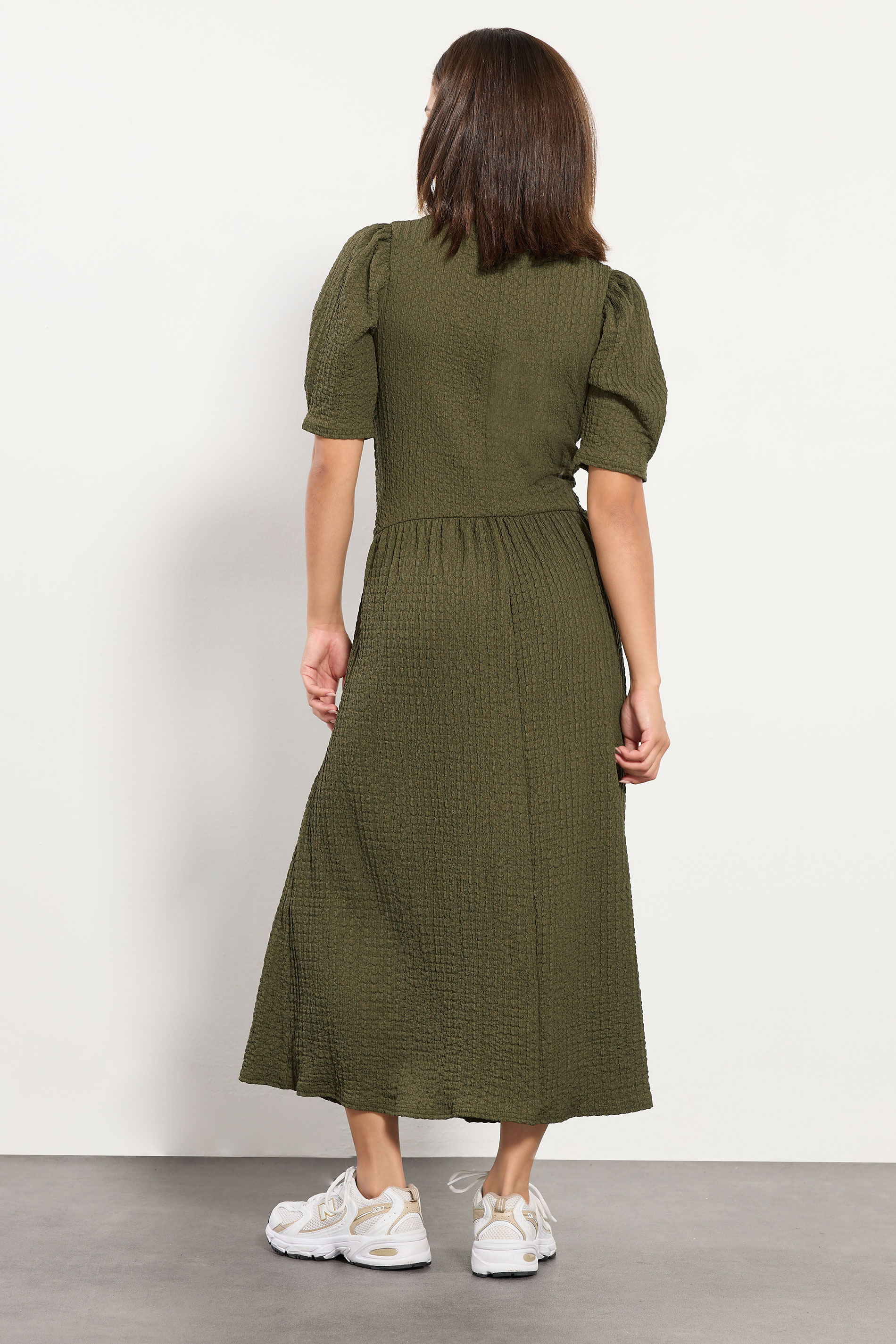PixieGirl Petite Womens Olive Green Textured Midi Dress | PixieGirl 3