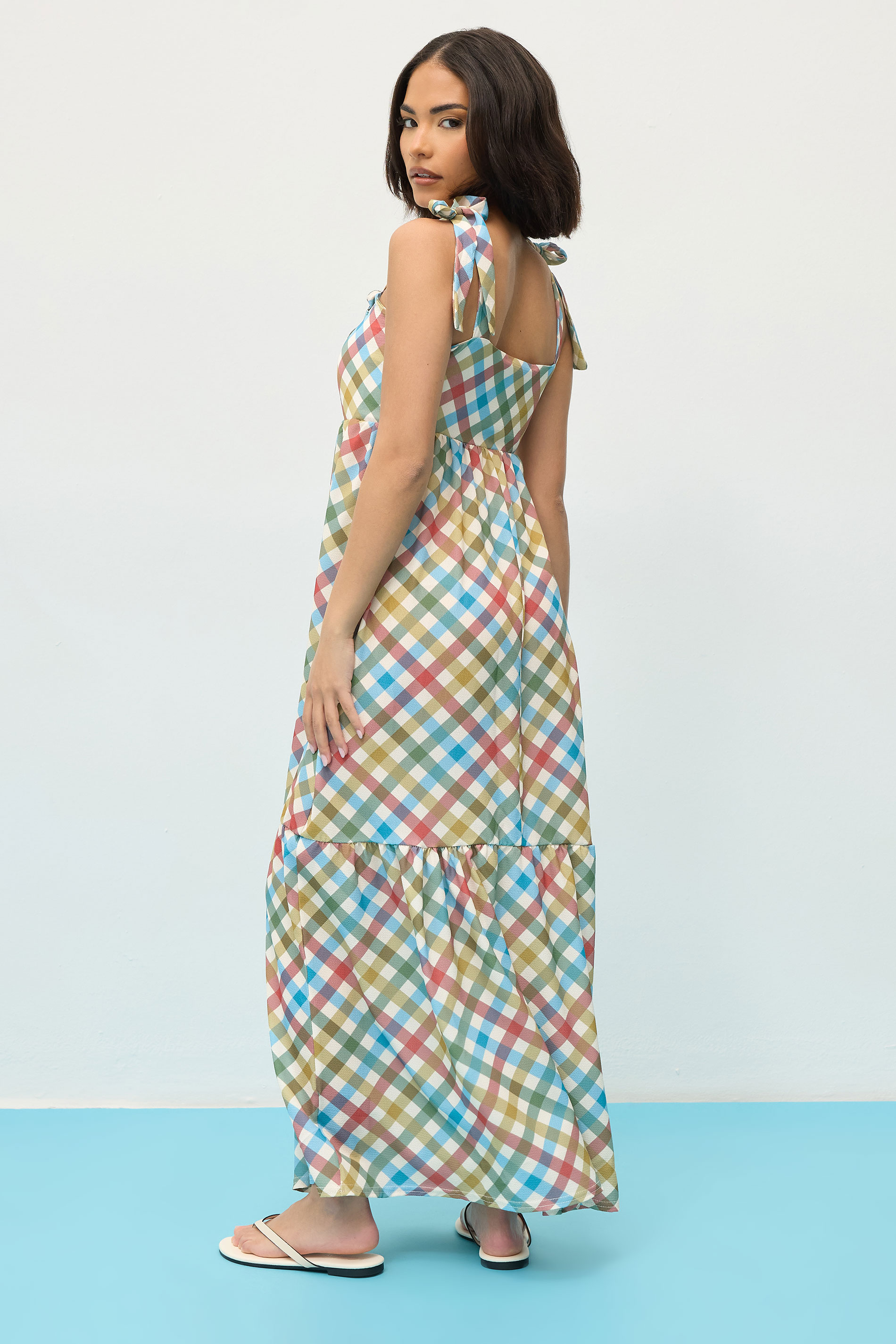 PixieGirl Petite Women's Red Gingham Tie Shoulder Maxi Dress | PixieGirl 3