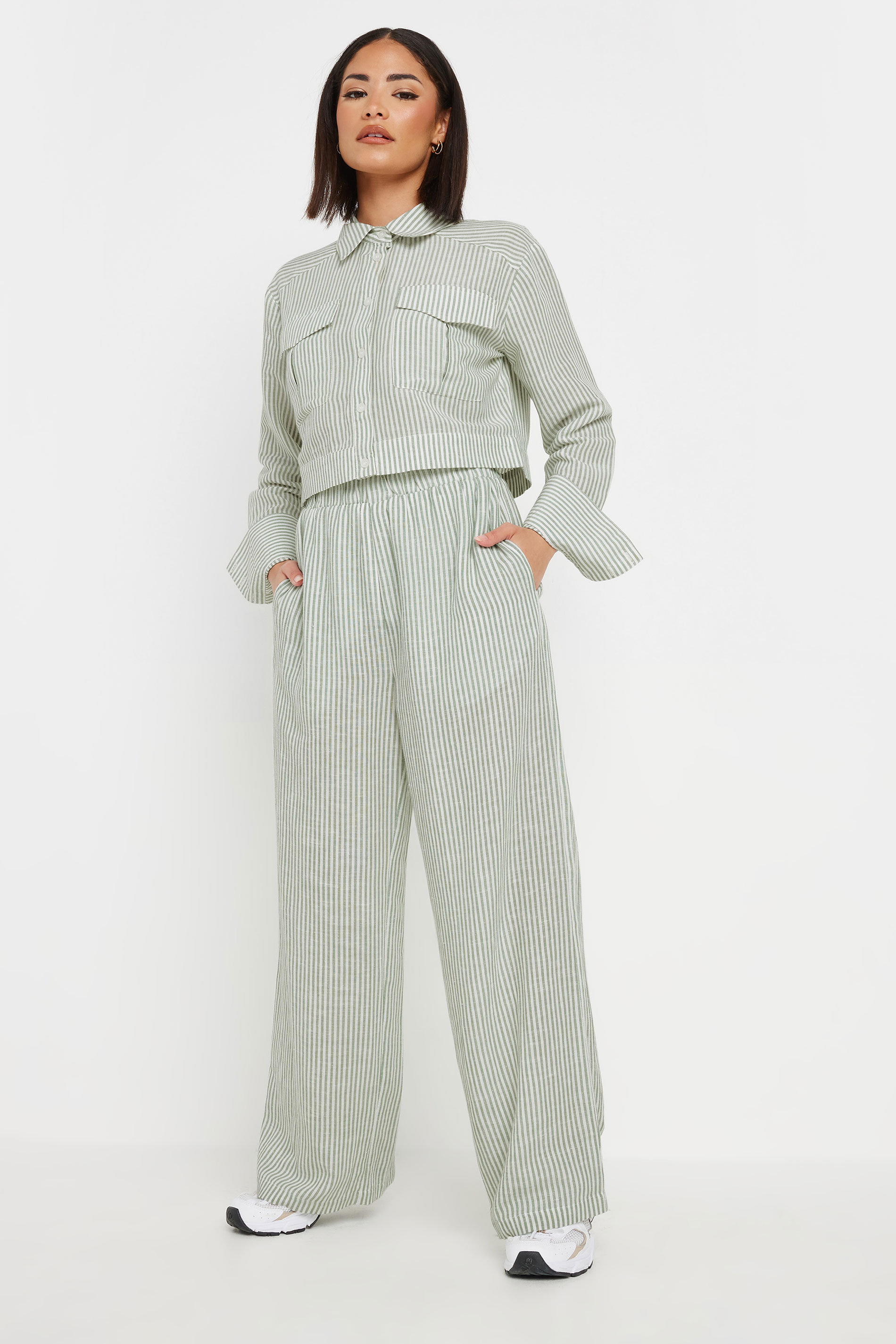 PixieGirl Petite Women's Green Linen Striped Wide Leg Trousers | PixieGirl 2