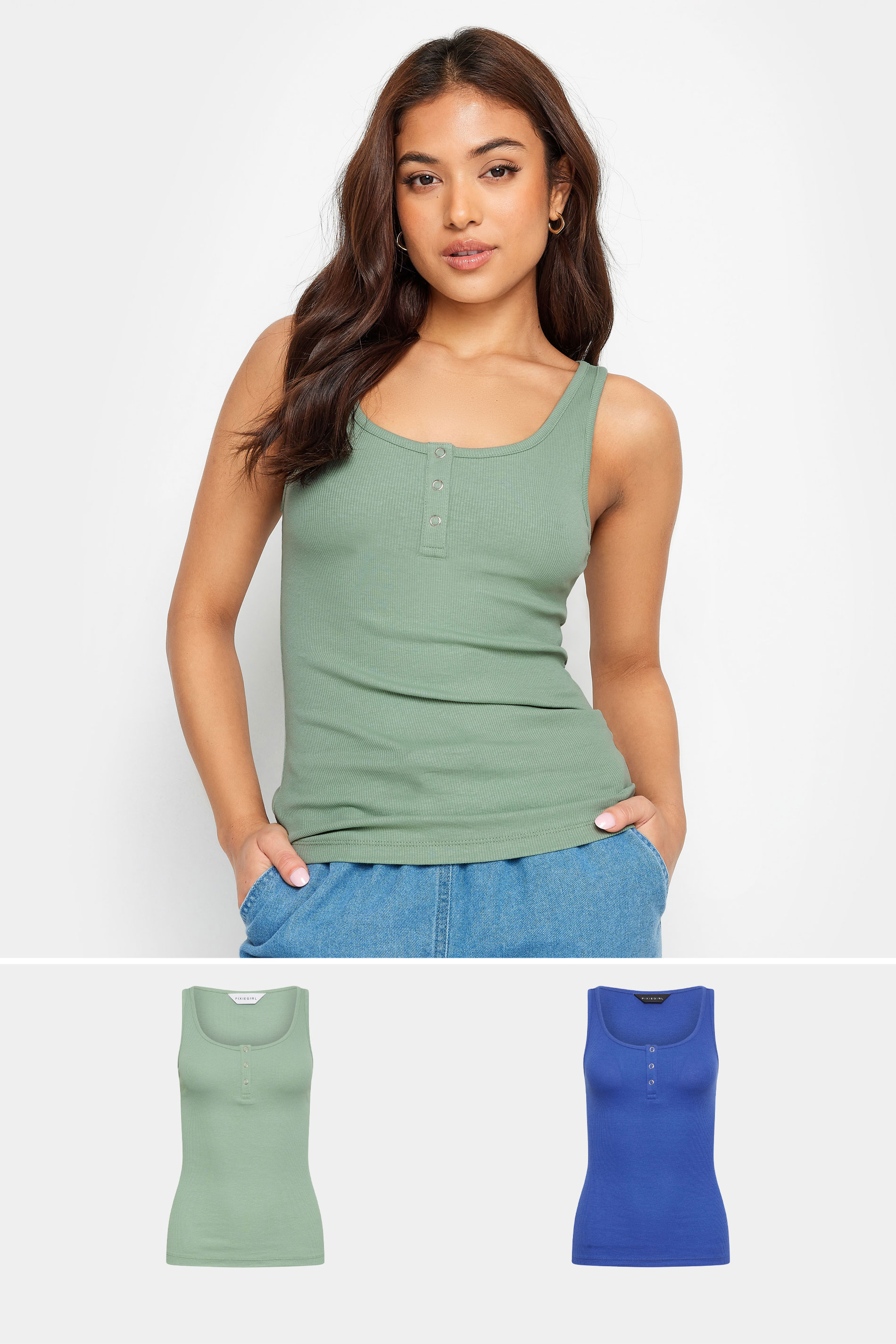PixieGirl Petite Women's 2 PACK Sage Green & Blue Ribbed Popper Vest Tops | PixieGirl 1