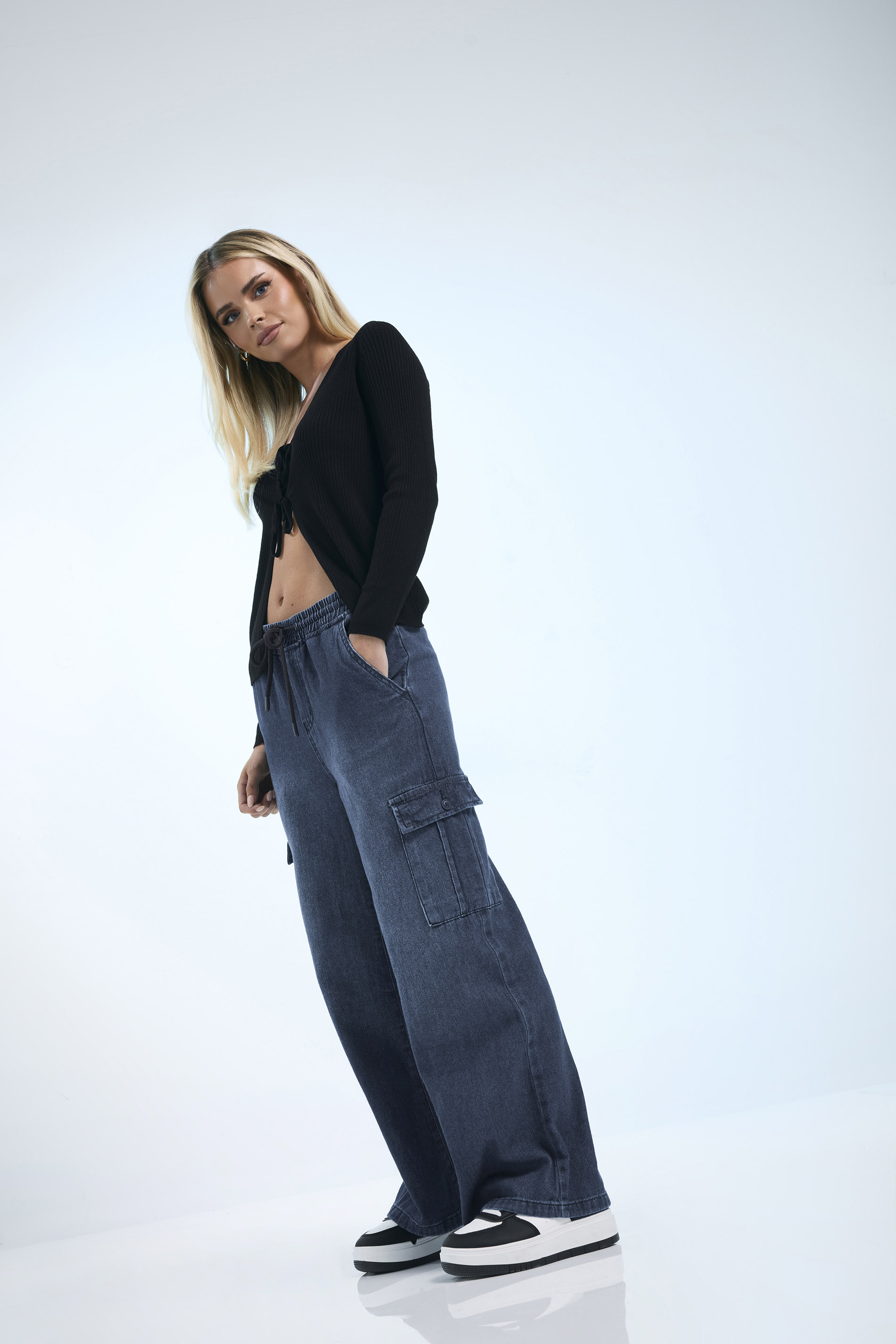 PixieGirl Petite Women's Dark Blue Cargo Wide Leg Jeans | PixieGirl 1