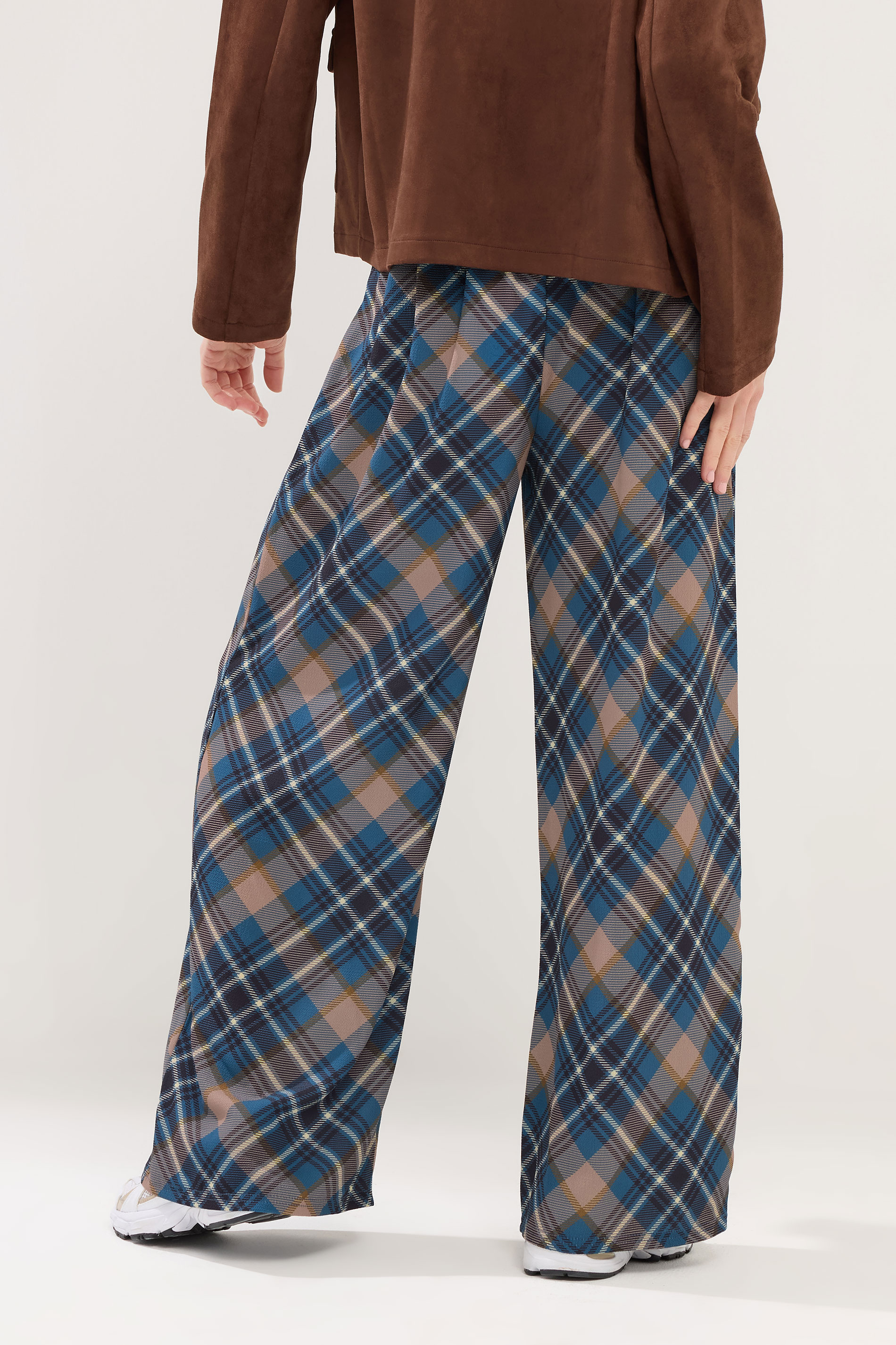 PixieGirl Petite Womens Navy Blue Check Wide Leg Trousers | PixieGirl 3