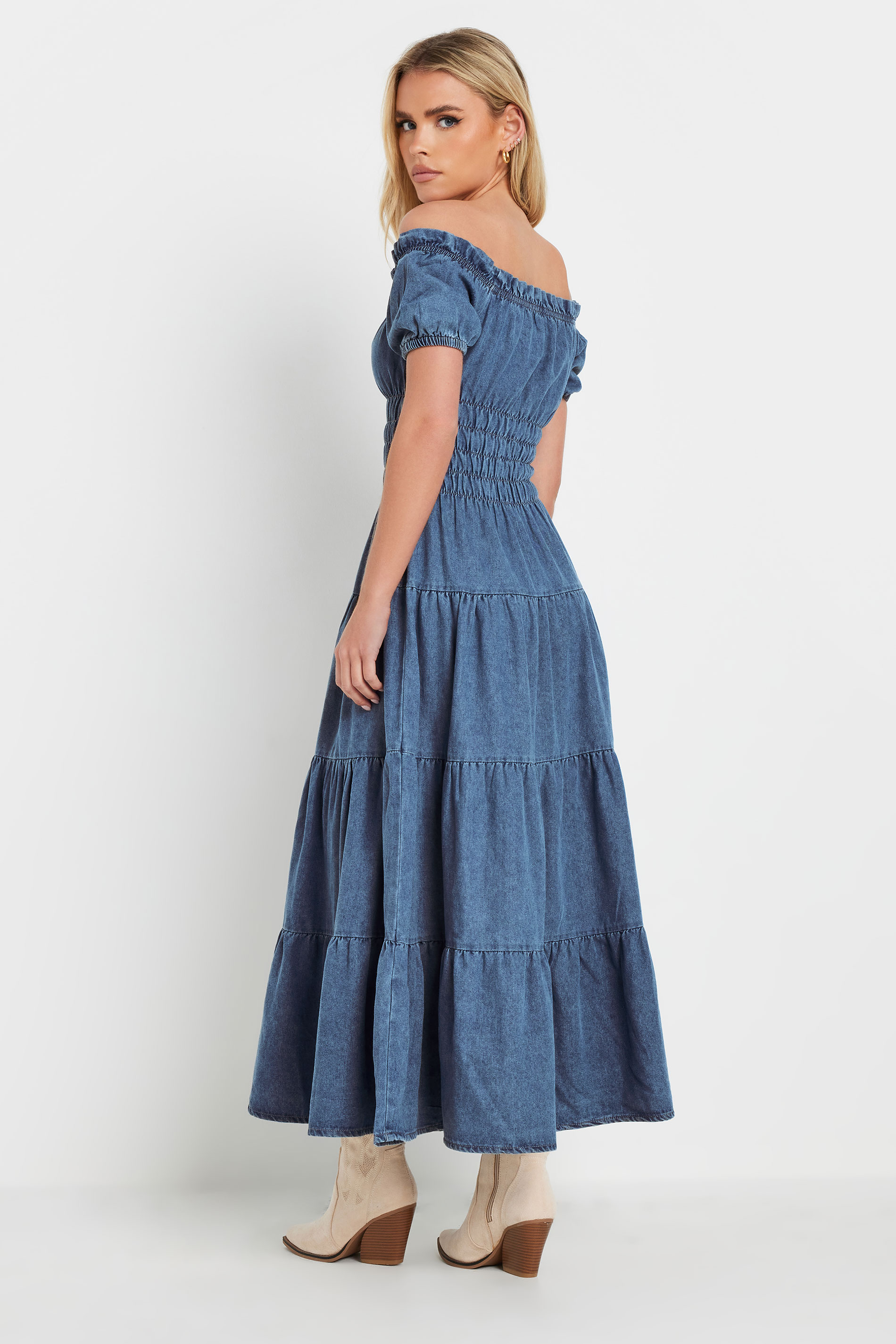 PixieGirl Petite Women's Blue Denim Tiered Bardot Maxi Dress | PixieGirl 4