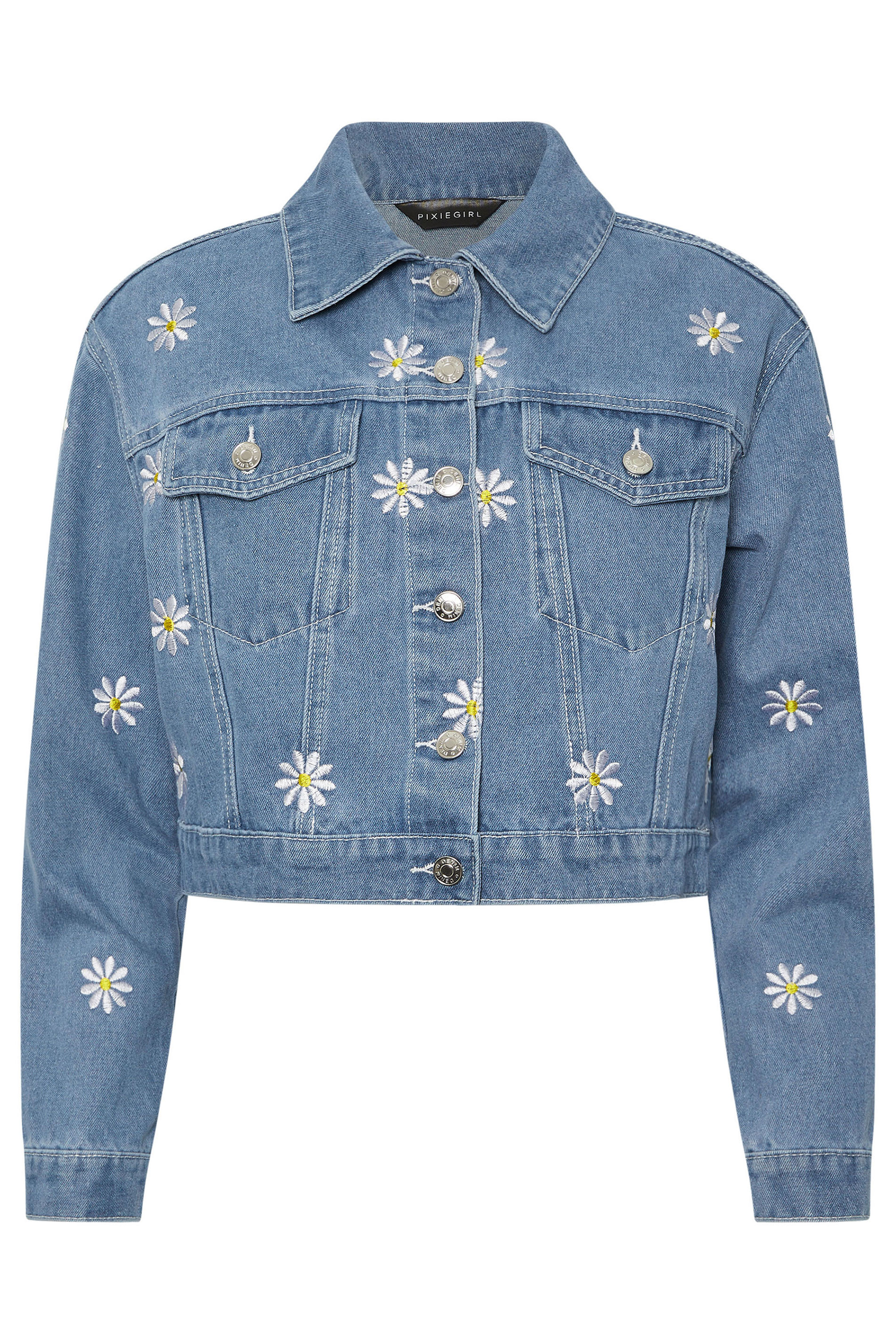 PixieGirl Petite Women's Blue Denim Daisy Embroidered Jacket | PixieGirl 7