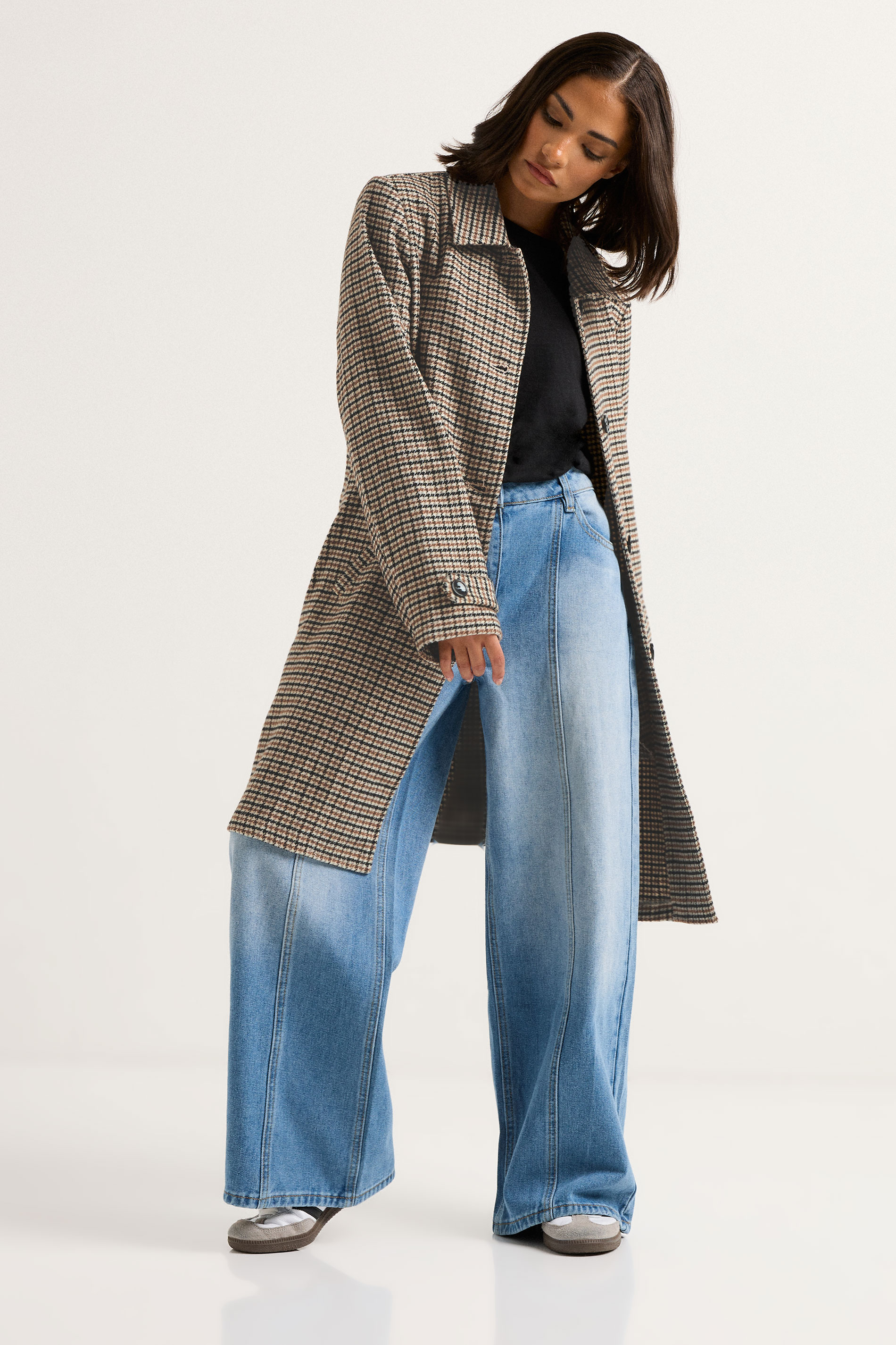 PixieGirl Petite Women's Beige Brown Check Midi Coat | PixieGirl 2