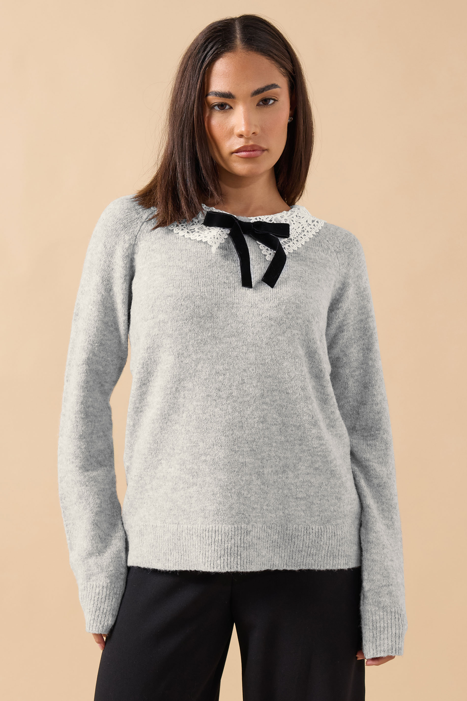 PixieGirl Petite Women's Grey Lace Collar Bow Jumper | PixieGirl 1