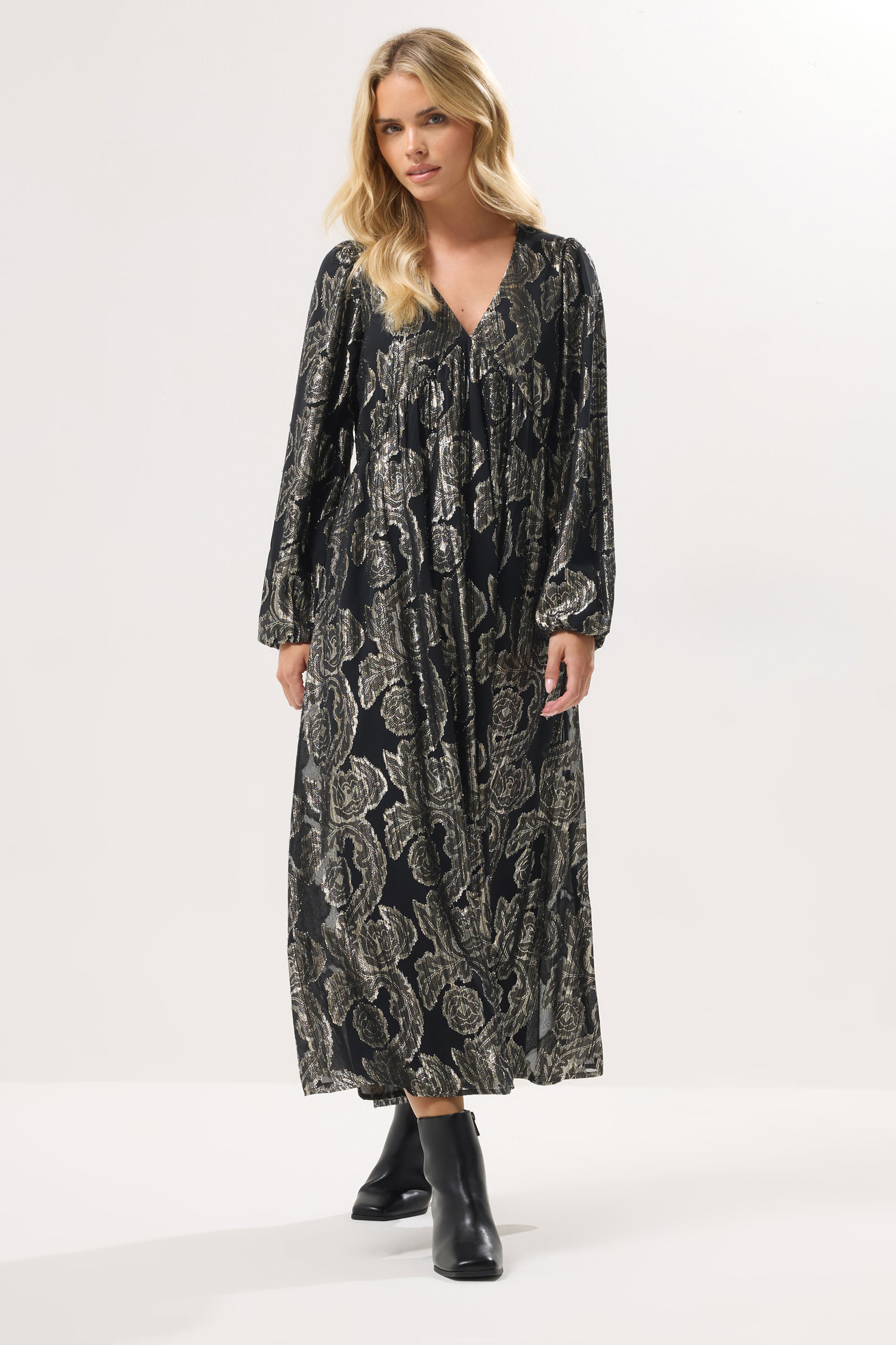 PixieGirl Petite Women's Black Jacquard Floral Smock Dress | PixieGirl 3