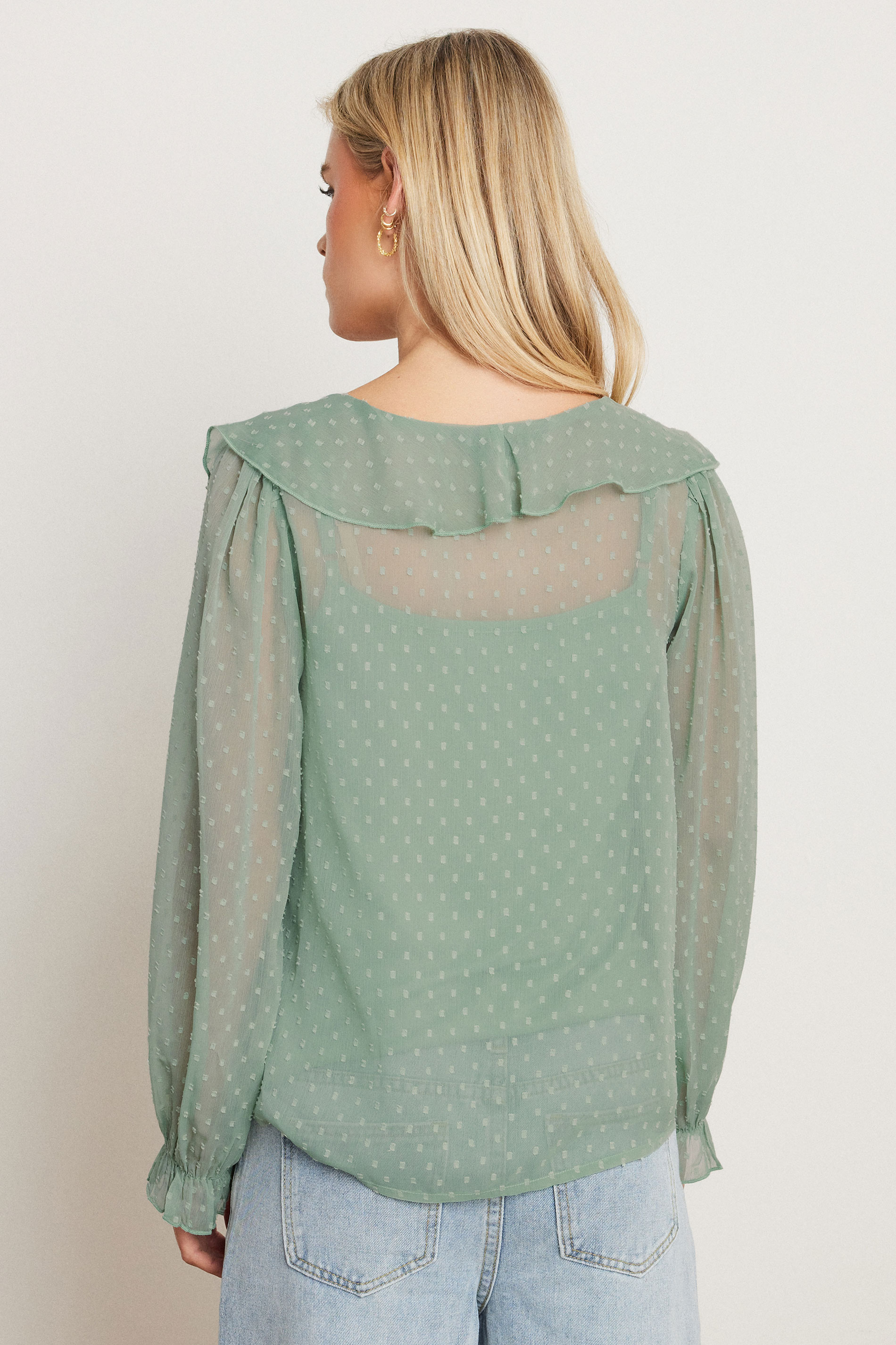 PixieGirl Petite Women's Sage Green Dobby Frill Blouse | PixieGirl 3