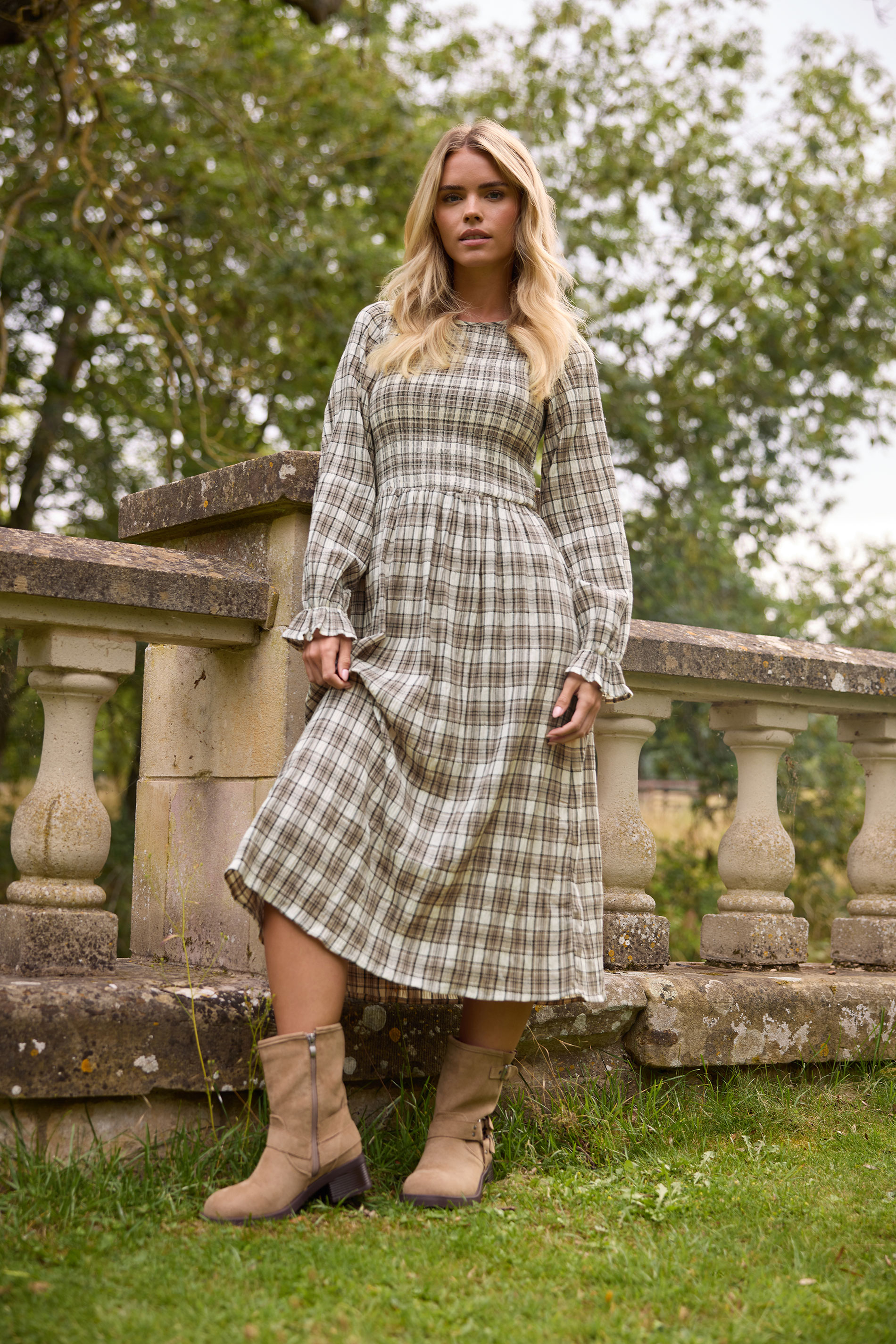 PixieGirl Petite Women's Brown Check Shirred Long Sleeve Midi Dress | PixieGirl 1