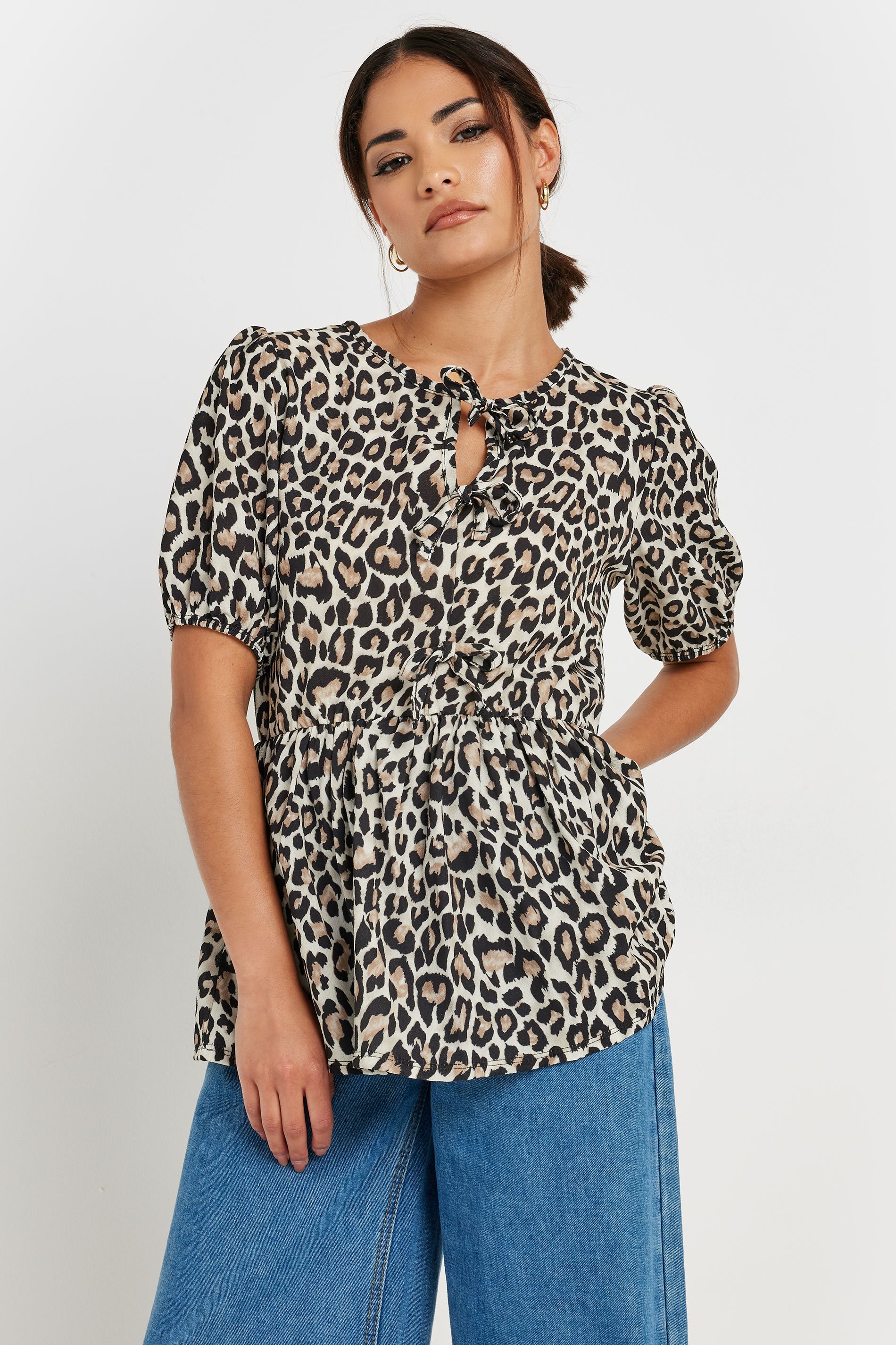 PixieGirl Petite Women's Black Leopard Print Tie Front Smock Top | PixieGirl 1