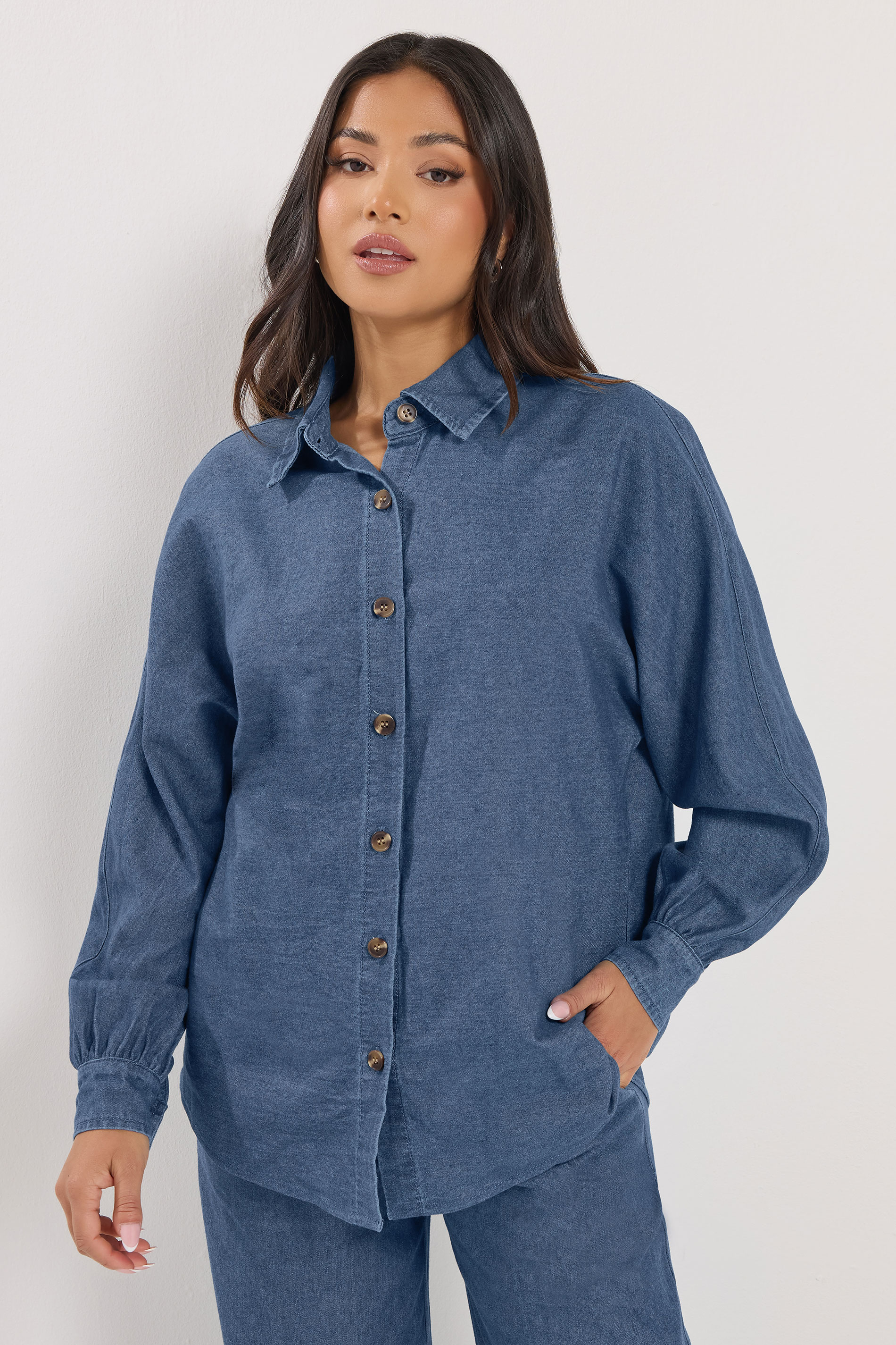 PixieGirl Petite Women's Mid Blue Oversized Denim Shirt | PixieGirl 1