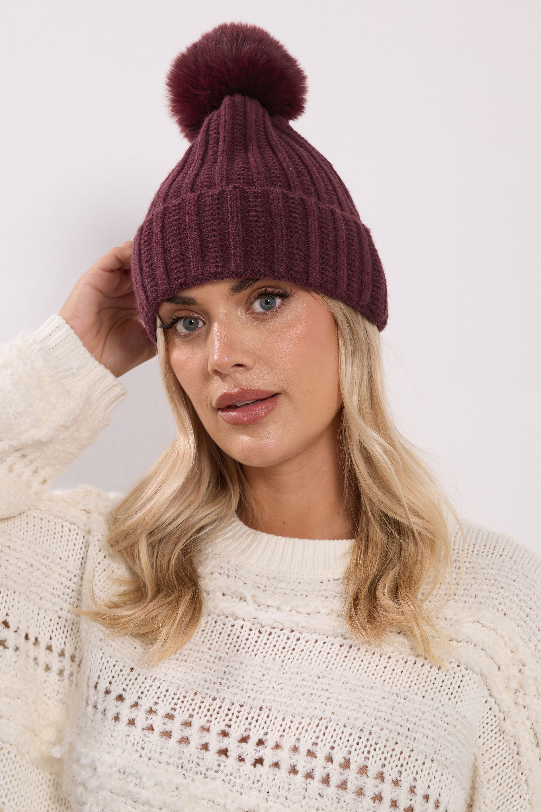 Burgundy Red Faux Fur Pom Pom Bobble Hat | Yours Clothing 1