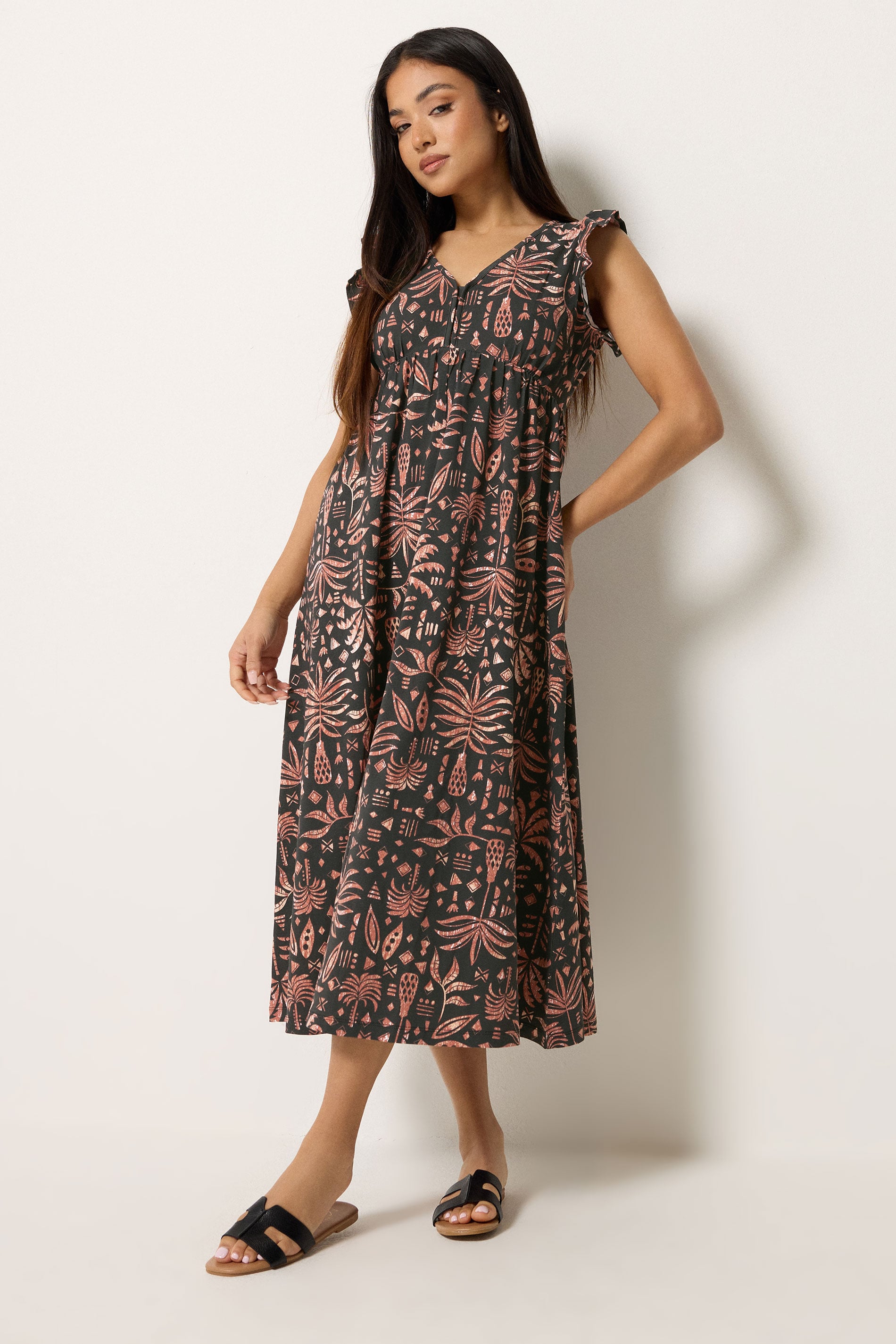 M&Co Petite Black Aztec Frill Sleeve Midi Dress | M&Co 1