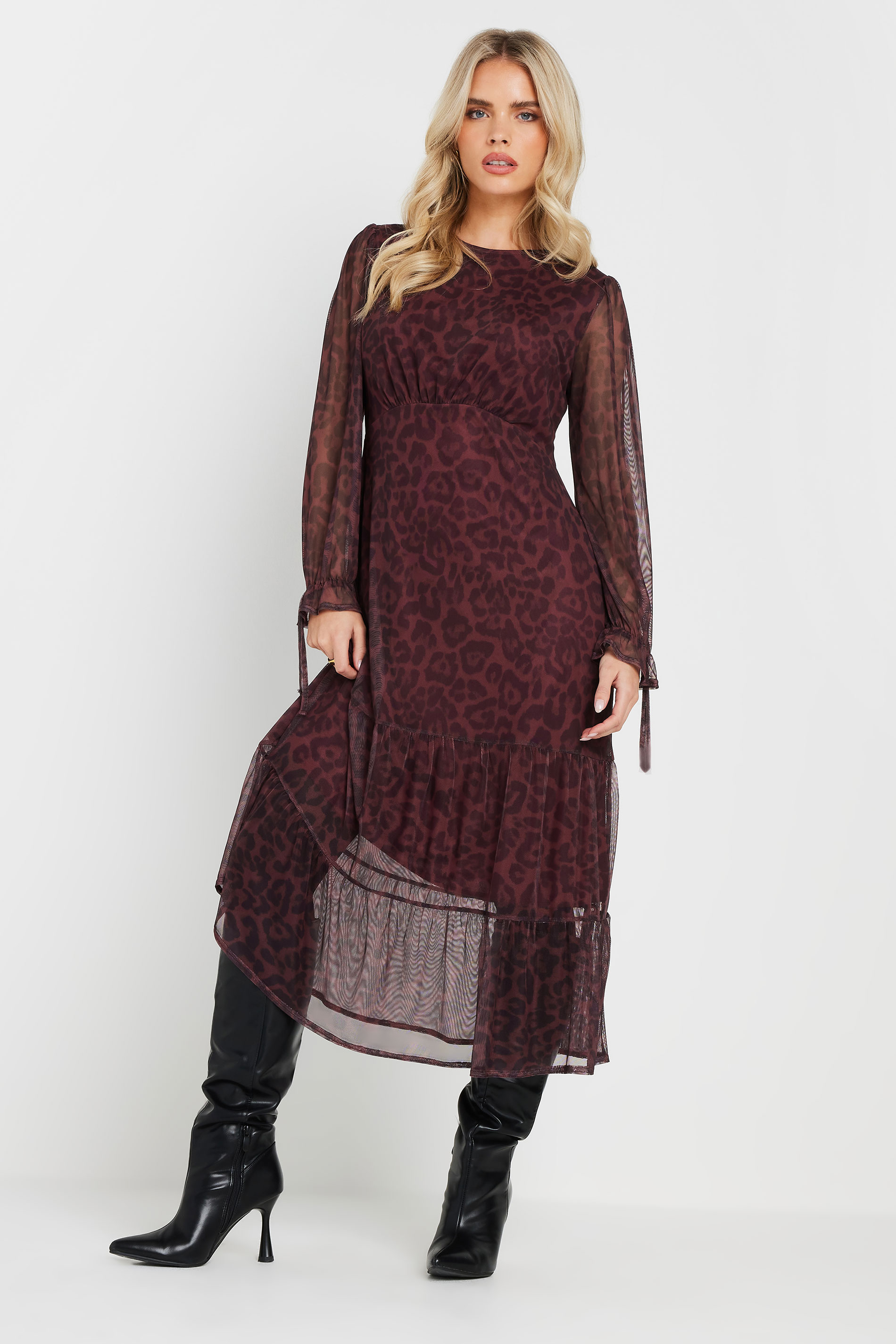 PixieGirl Petite Women's Burgundy Red Leopard Print Mesh Tiered Dress | PixieGirl 2