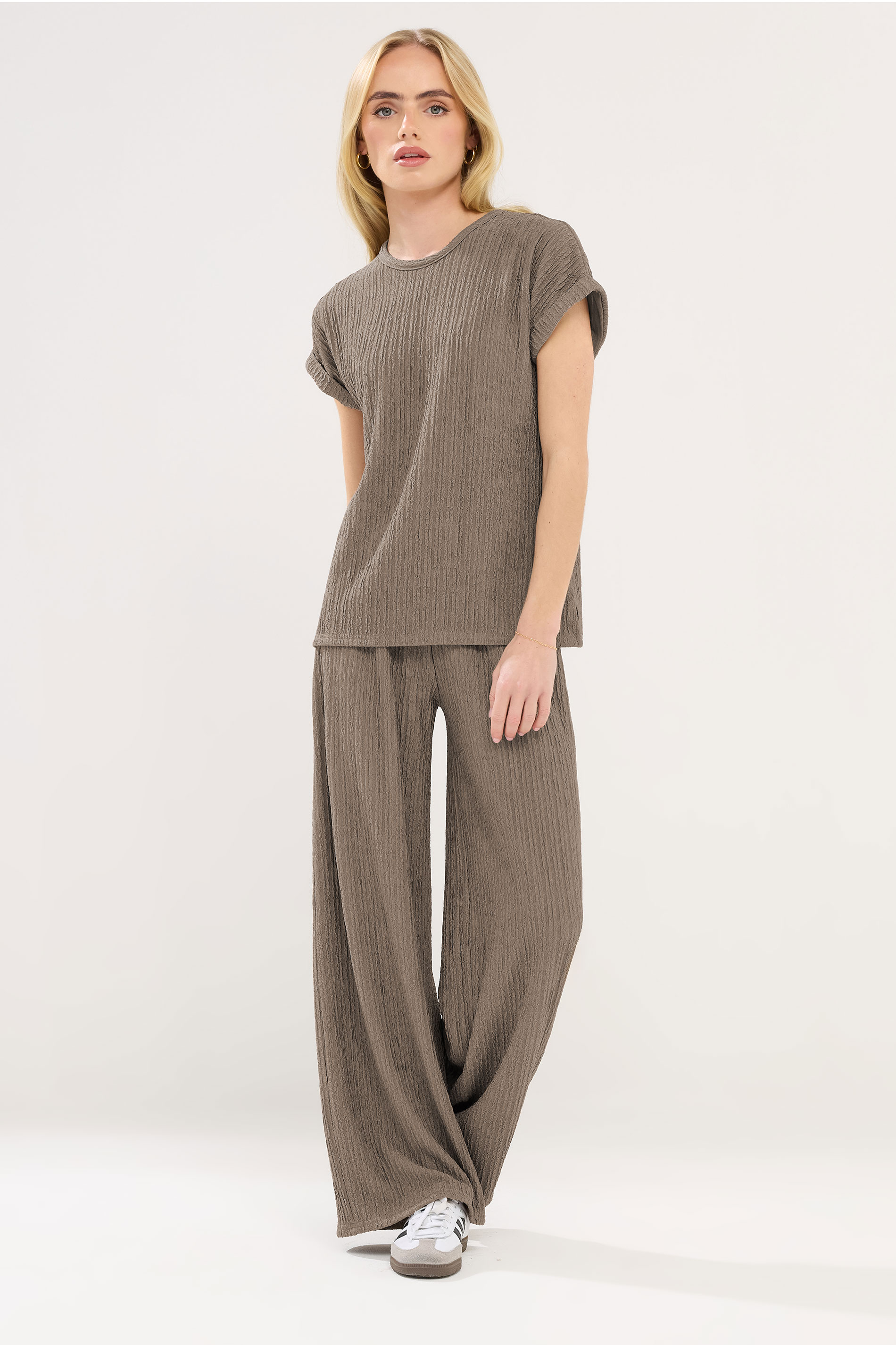 PixieGirl Petite Mocha Brown Textured Wide Leg Trousers | PixieGirl 1