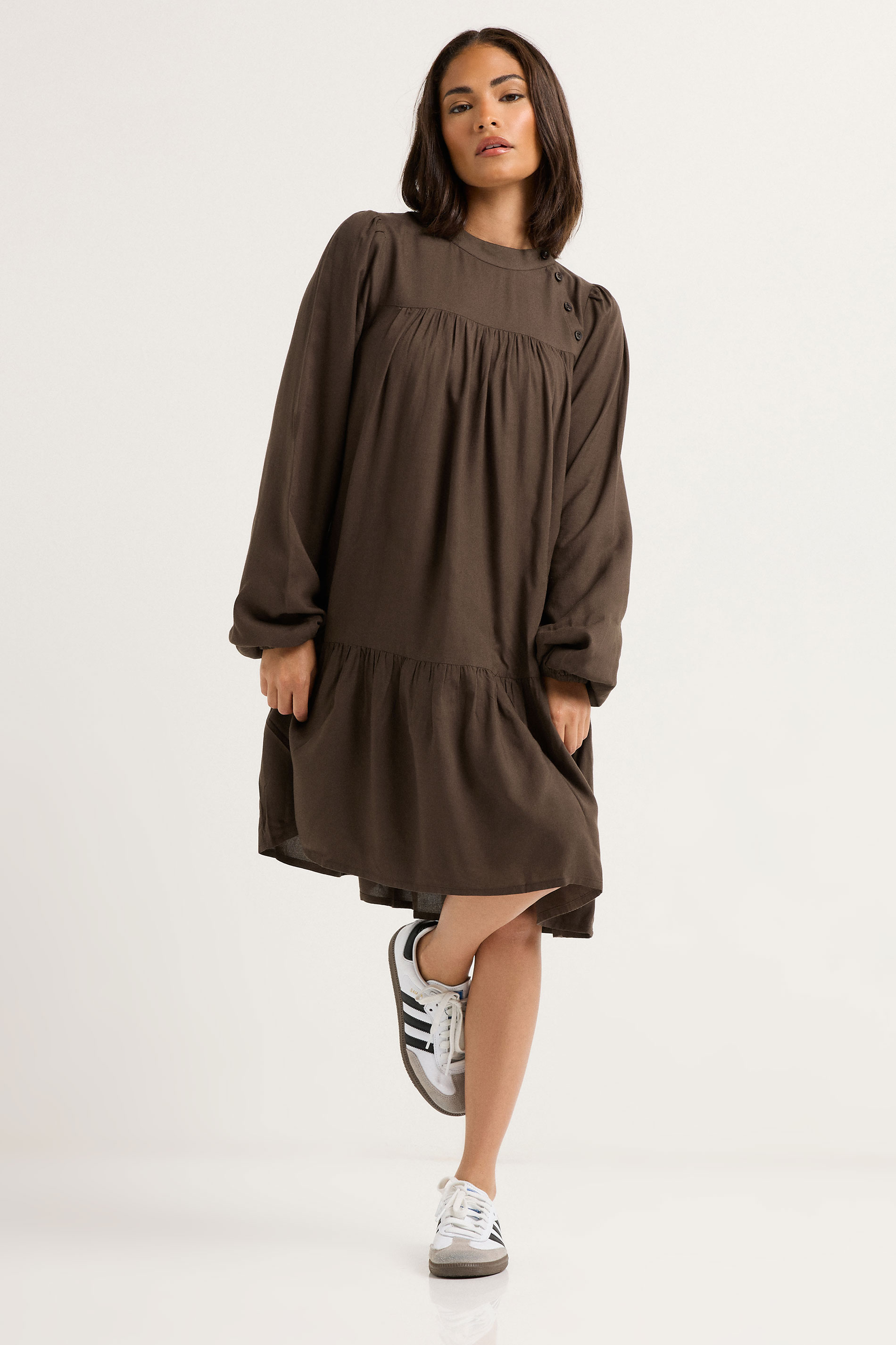 PixieGirl Petite Women's Chocolate Brown Button Smock Midi Dress | PixieGirl 3