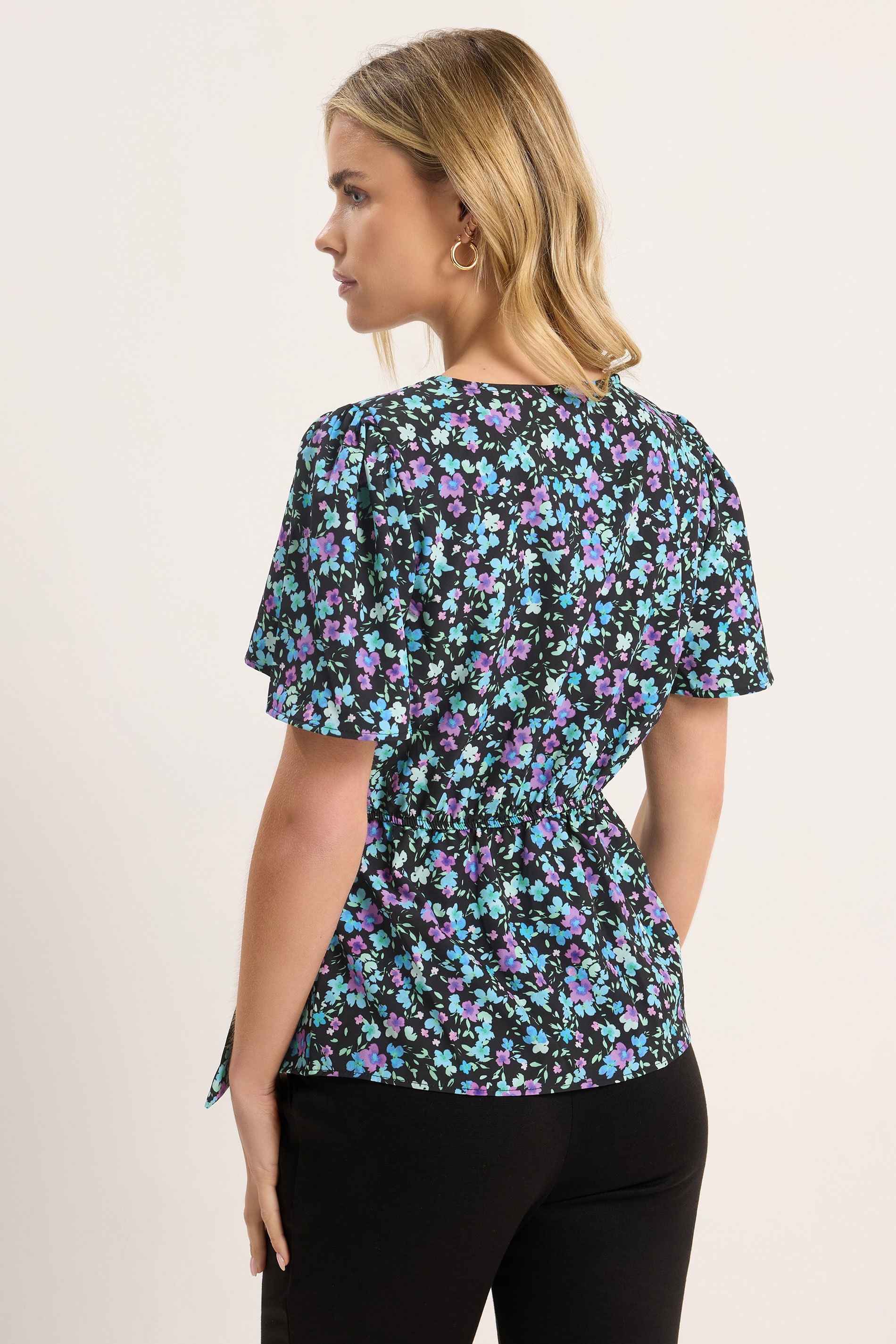 M&Co Petite Black Ditsy Print Wrap Blouse | M&Co 2