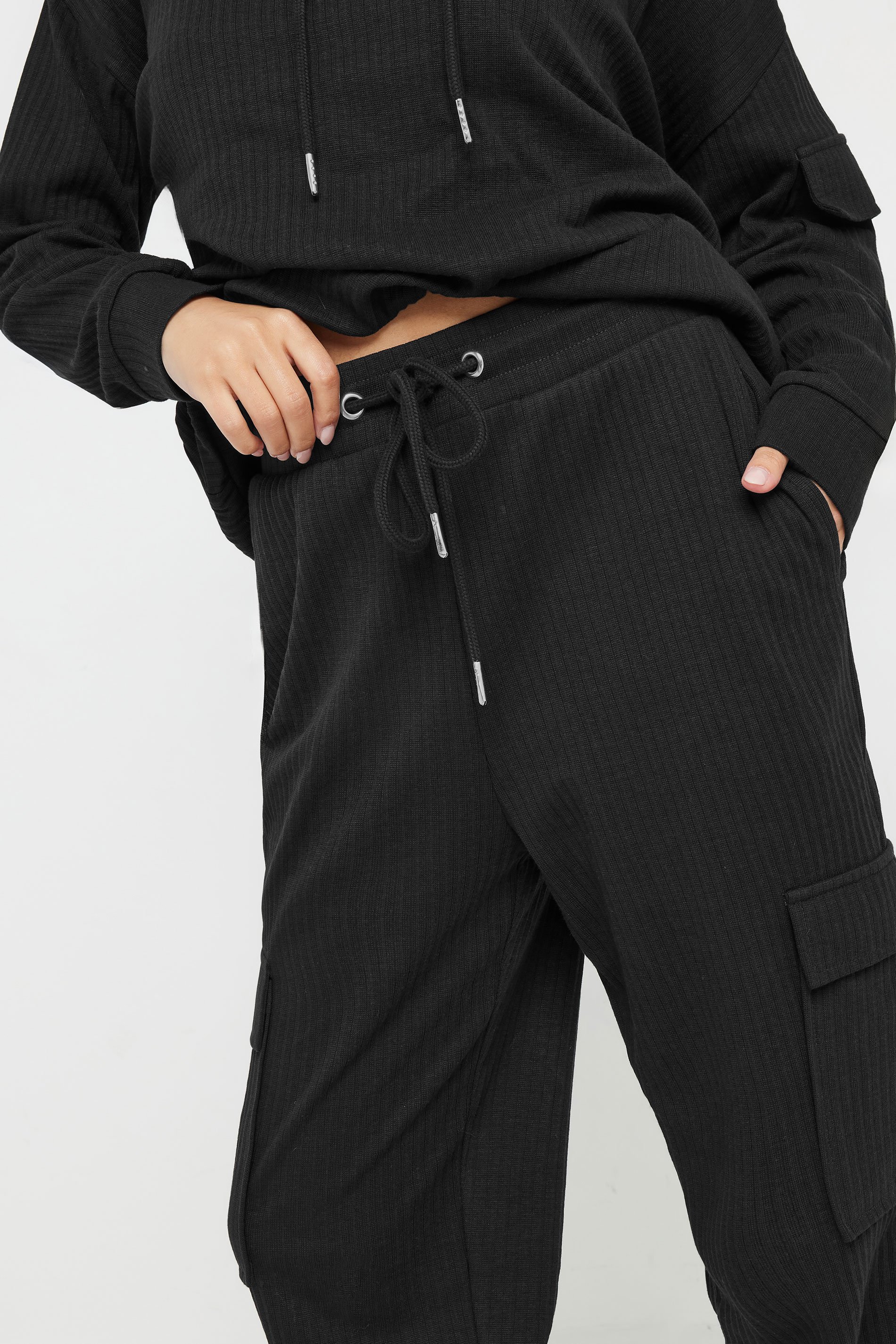 PixieGirl Petite Women's Black Ribbed Cargo Joggers | PixieGirl 5