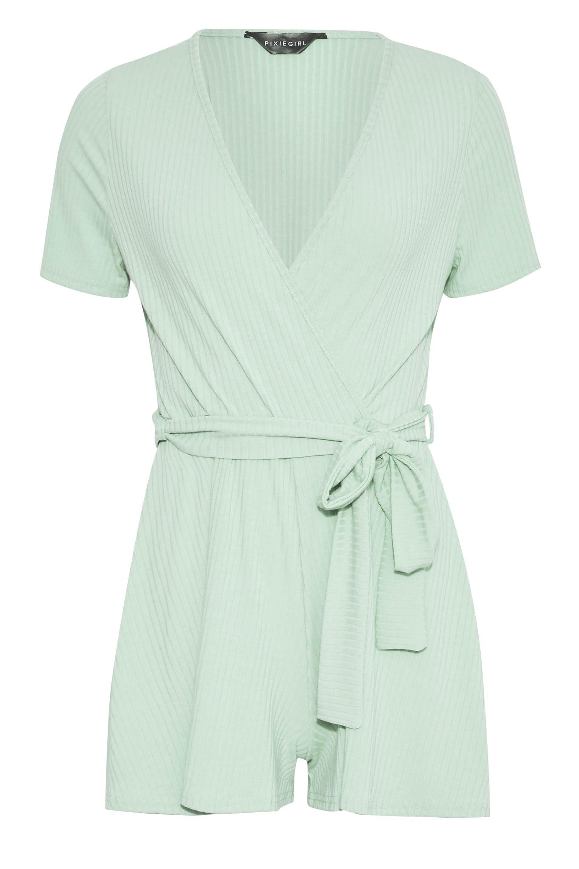 Petite Sage Green Ribbed Wrap Playsuit | PixieGirl 6