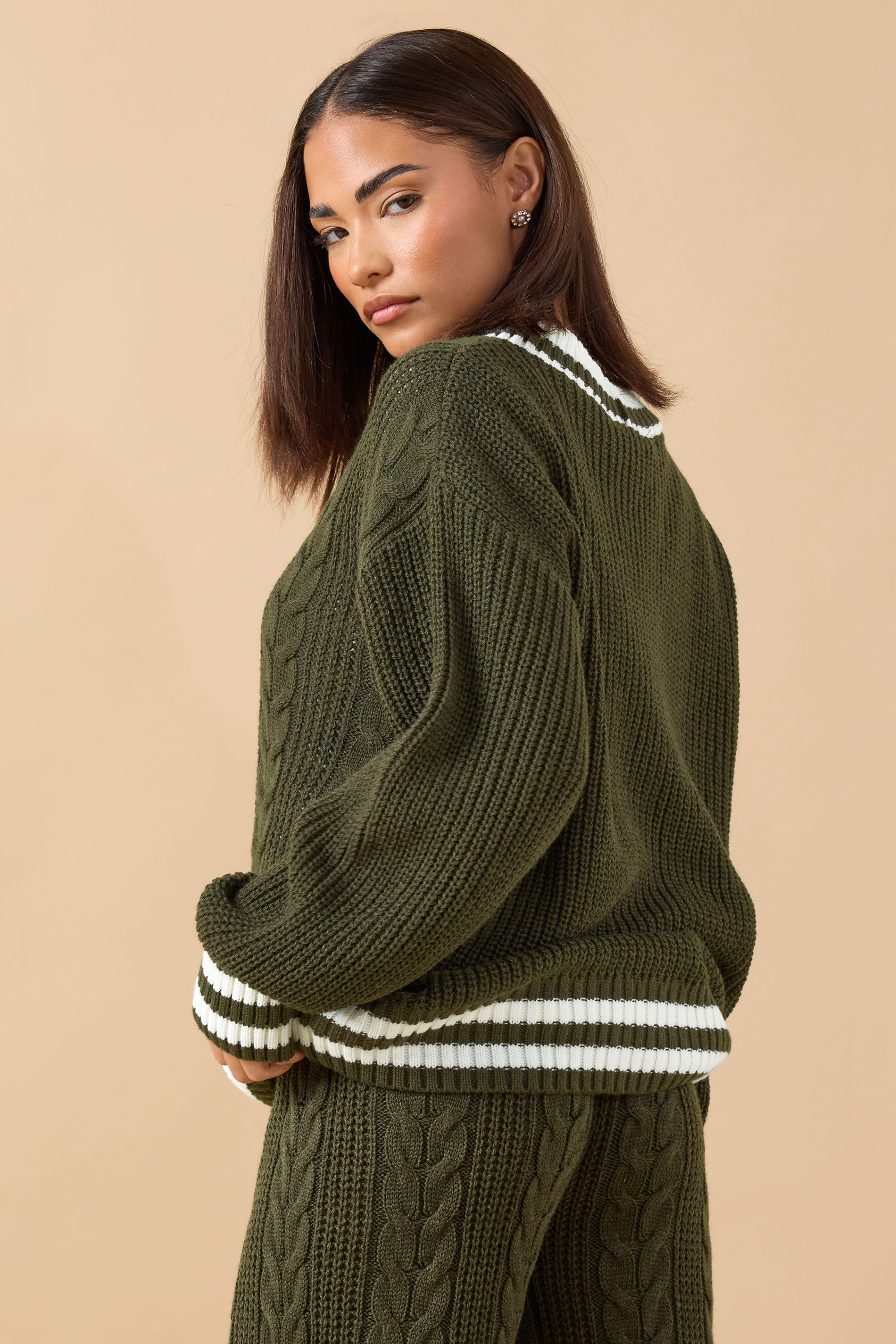 PixieGirl Petite Women's Khaki Green Contrast Cable Knit Cardigan | PixieGirl 3