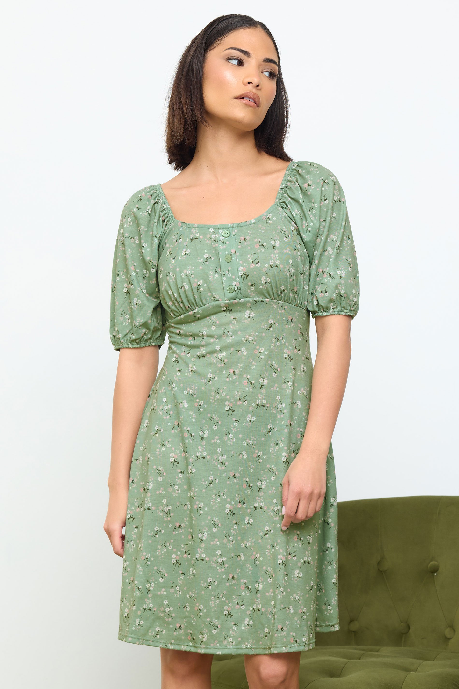 PixieGirl Petite Women's Sage Green Ditsy Floral Print Mini Dress | PixieGirl 1