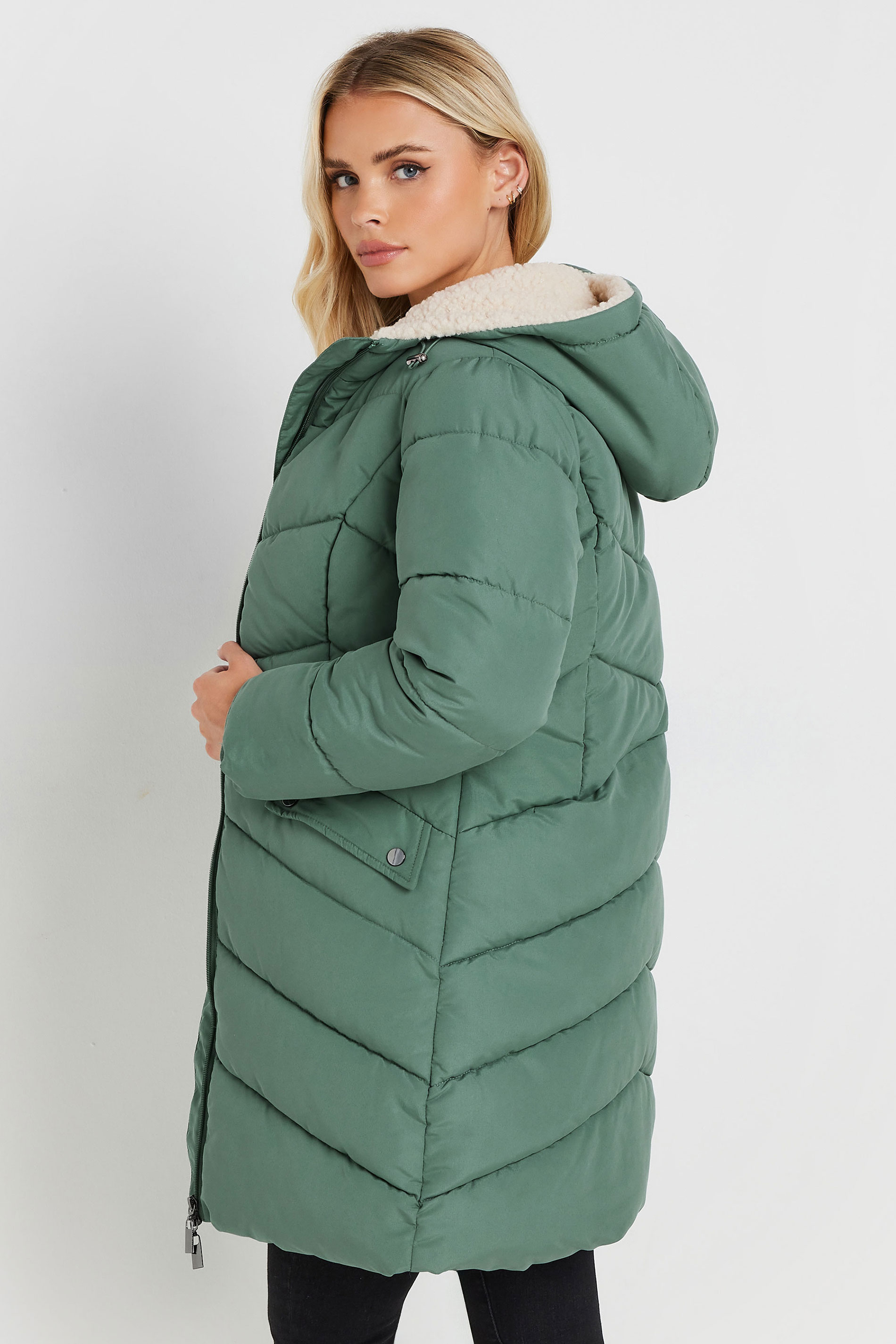 PixieGirl Petite Women's Green Borg Hooded Padded Coat | PixieGirl 3