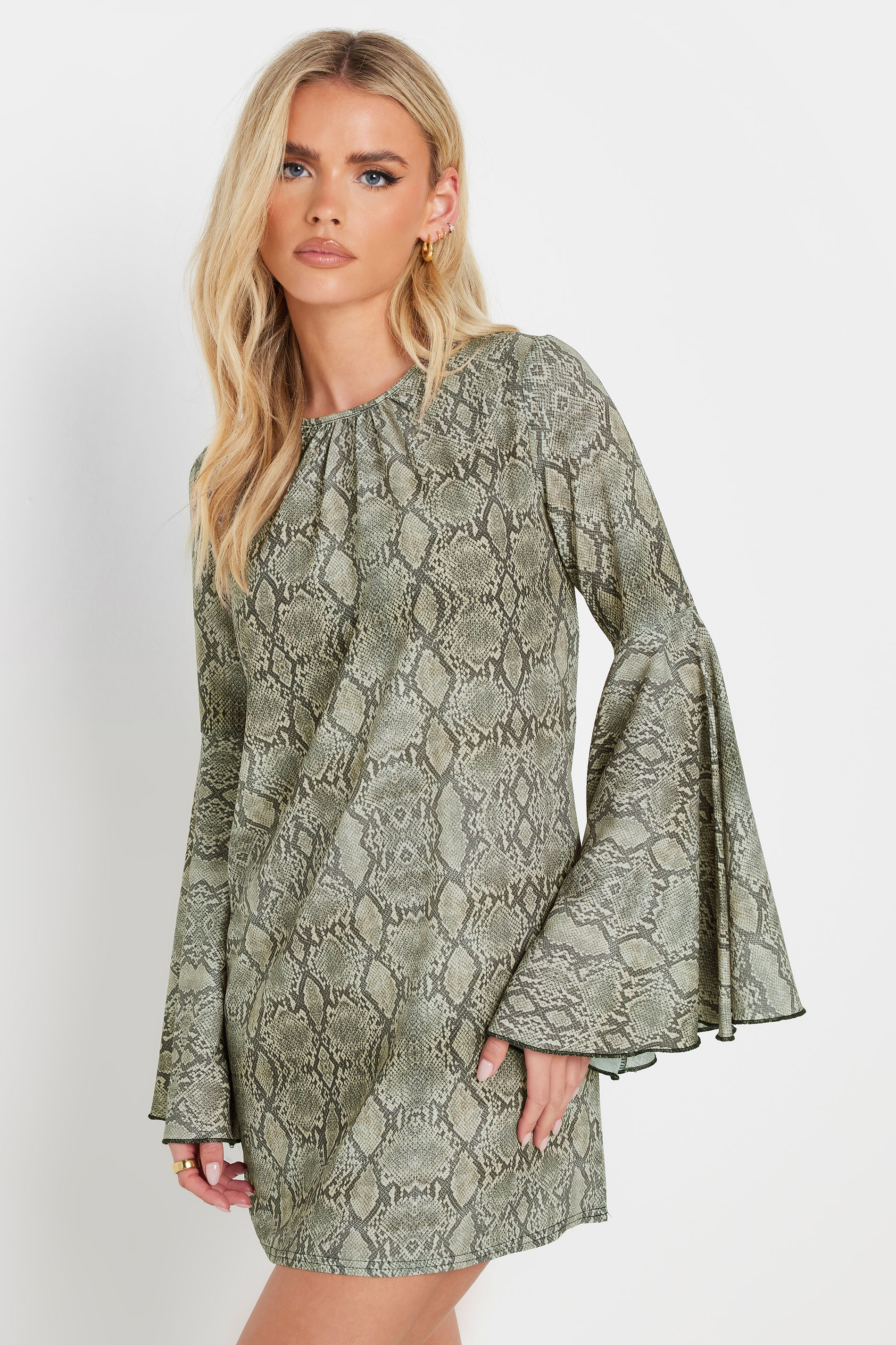 PixieGirl Petite Women's Grey Woven Snake Print Bell Sleeve Mini Dress | PixieGirl 2