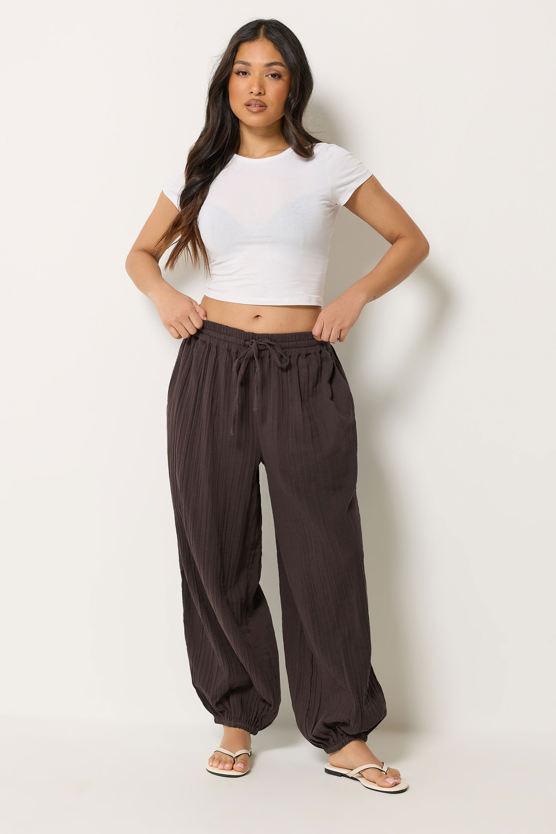 PixieGirl Petite Women's Chocolate Brown Cheesecloth Cotton Balloon Trousers | PixieGirl 3