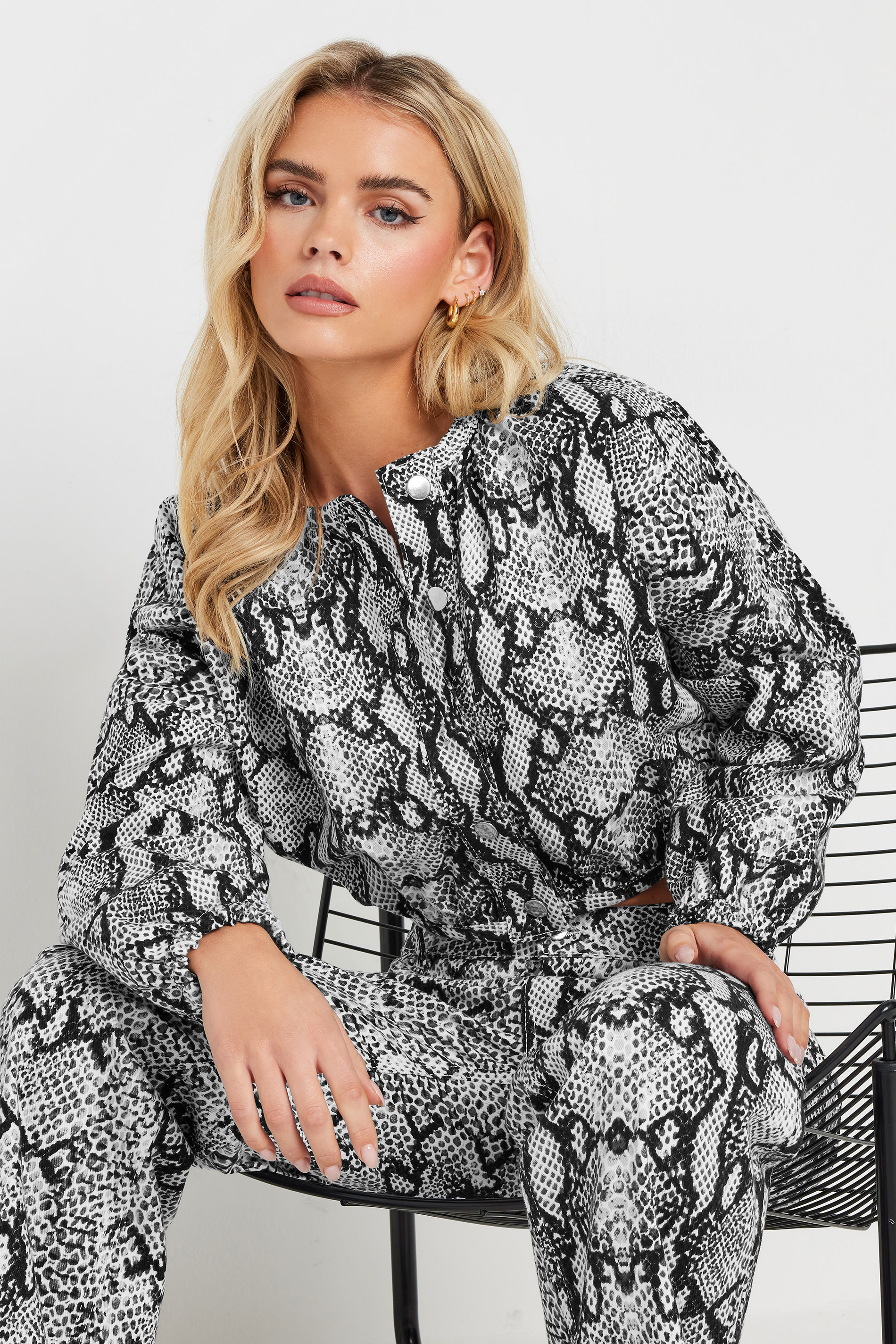 PixieGirl Petite Women's Grey Snake Print Denim Bomber Jacket | PixieGirl 4