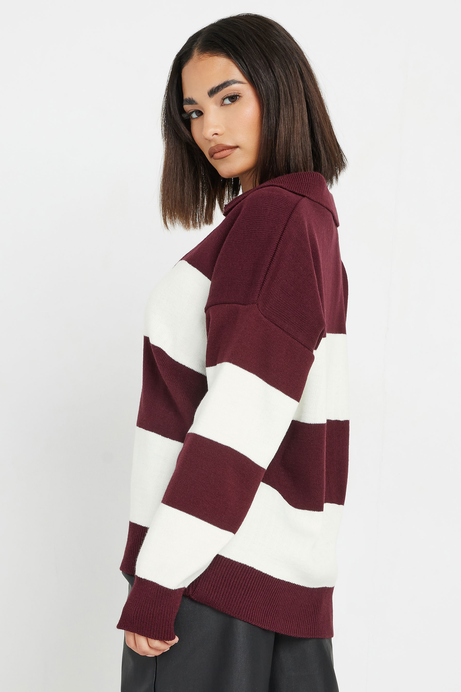 PixieGirl Petite Women's Burgundy Red Stripe Collared Knitted Jumper | PixieGirl 4