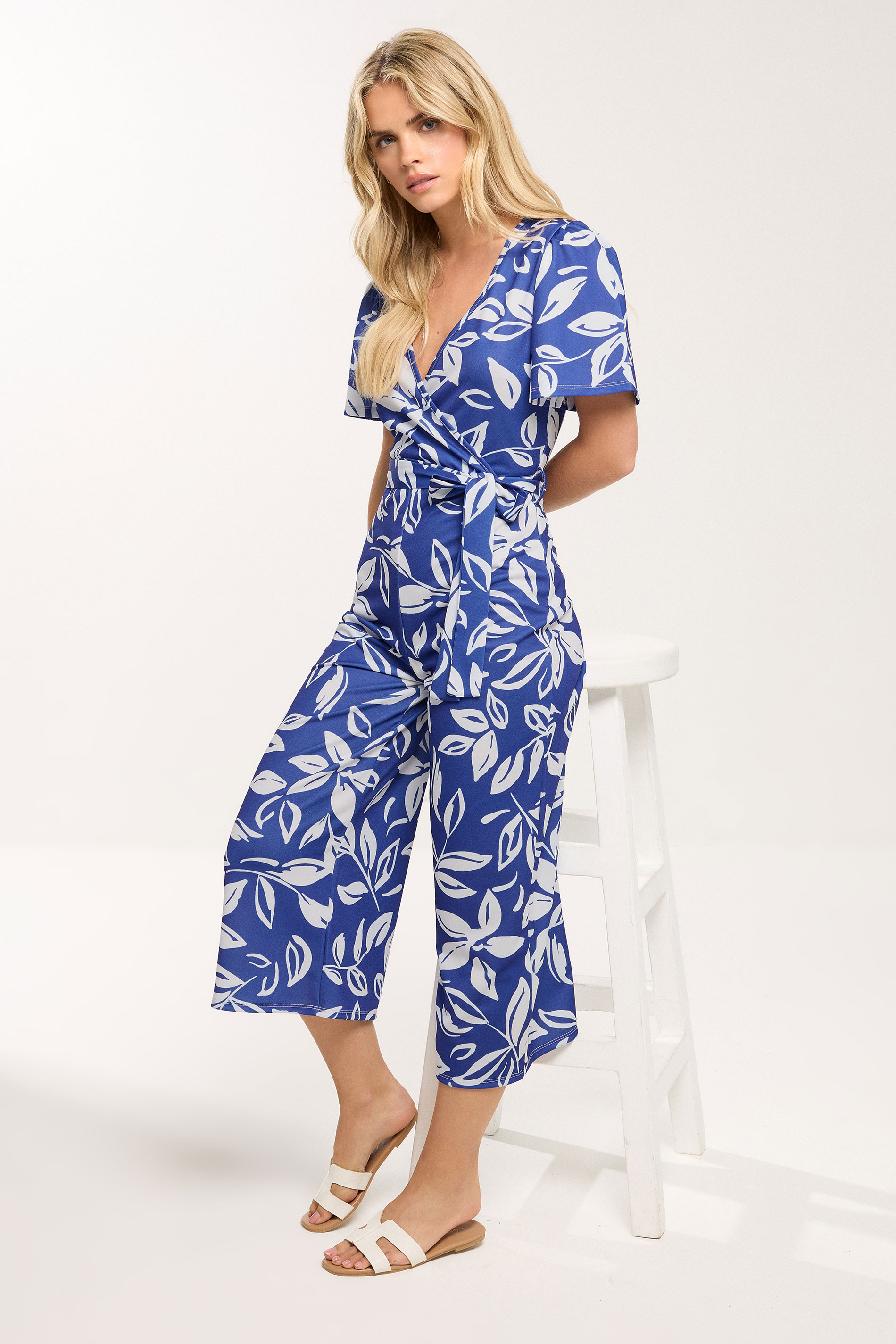M&Co Petite Blue & White Leaf print Jumpsuit | M&Co 1