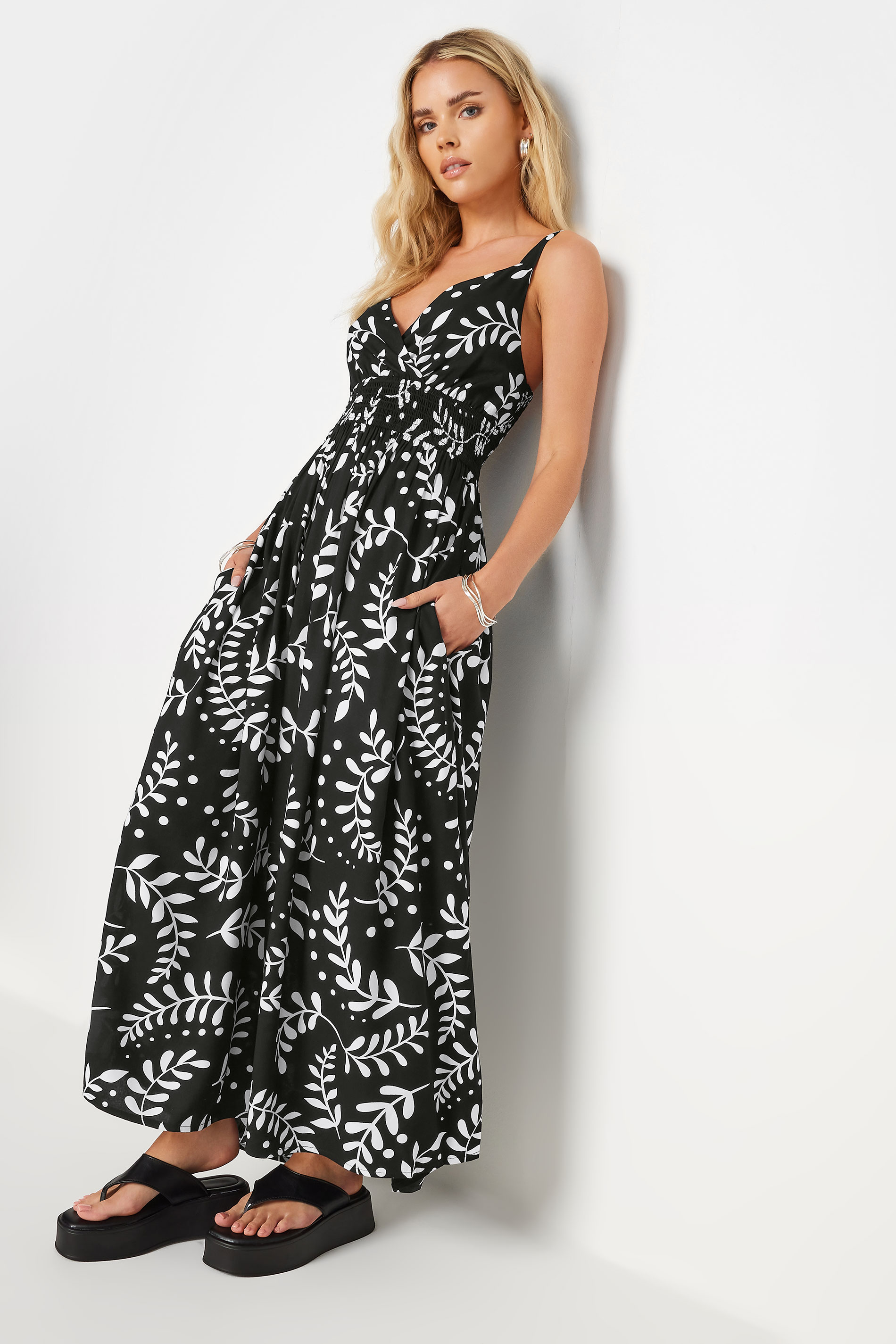 Petite Black Leaf Print Maxi Dress | PixieGirl 1