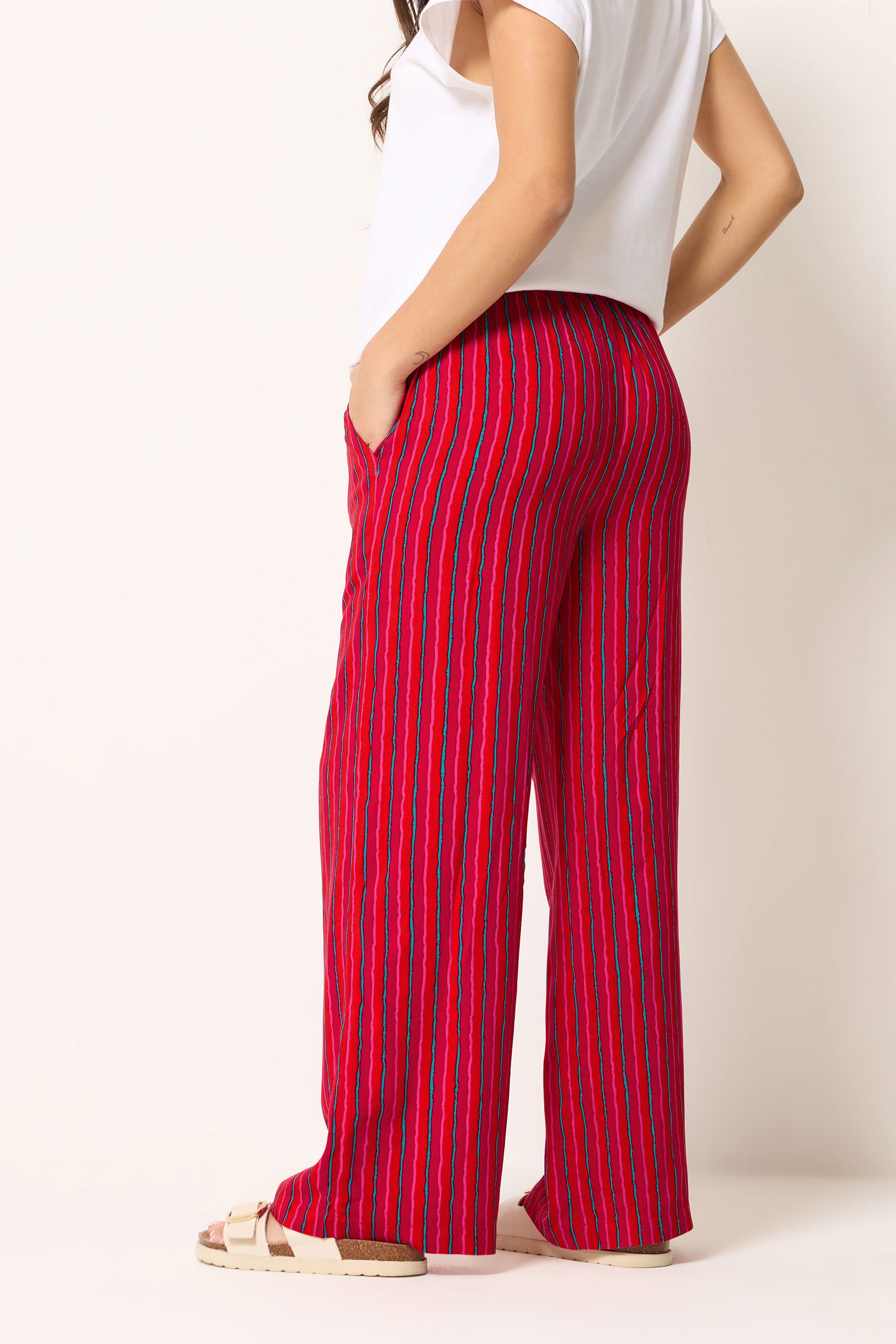 PixieGirl Petite Women's Pink & Red Stripe Wide Leg Trousers | PixieGirl 4