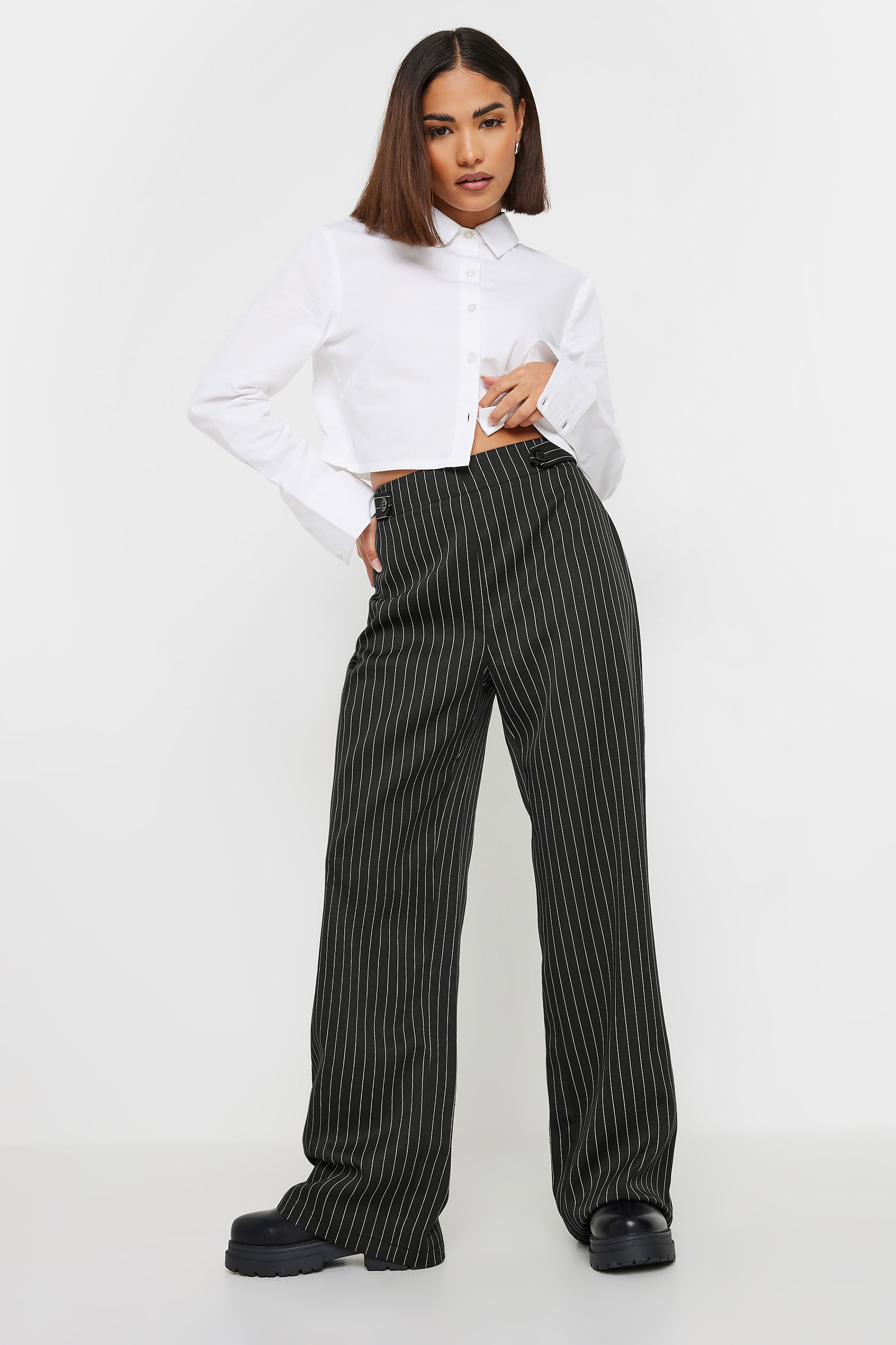 PixieGirl Petite Women's Black Tab Detail Pinstripe Wide Leg Trousers | PixieGirl 1