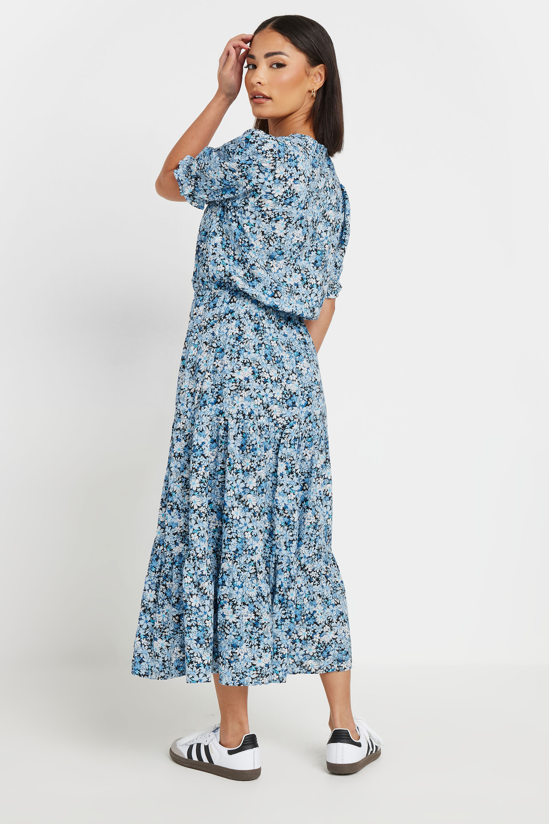 PixieGirl Petite Women's Blue Floral Print Tiered Smock Dress | PixieGirl 3